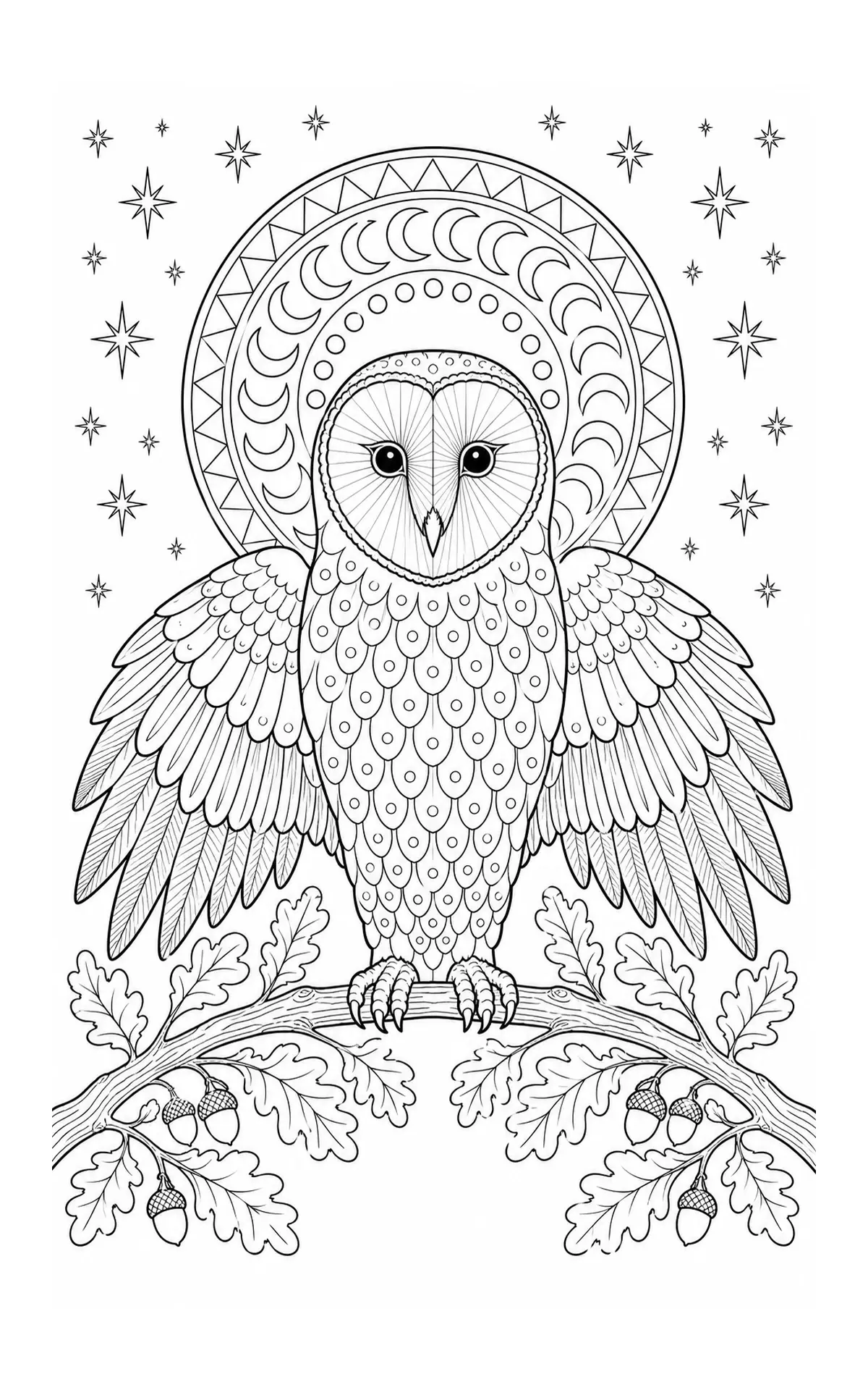 A barn owl coloring page with a moon-and-star mandala halo, spread wings, and an oak branch with leaves and acorns.
