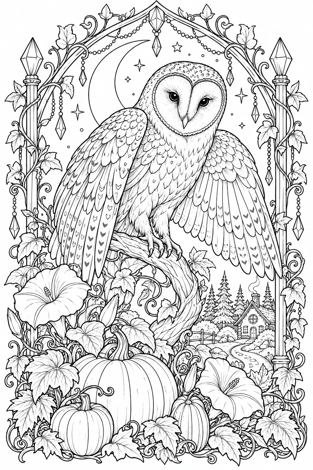 A barn owl perches on a branch in a black-and-white coloring page with pumpkins, leaves, stars, and a crescent moon.