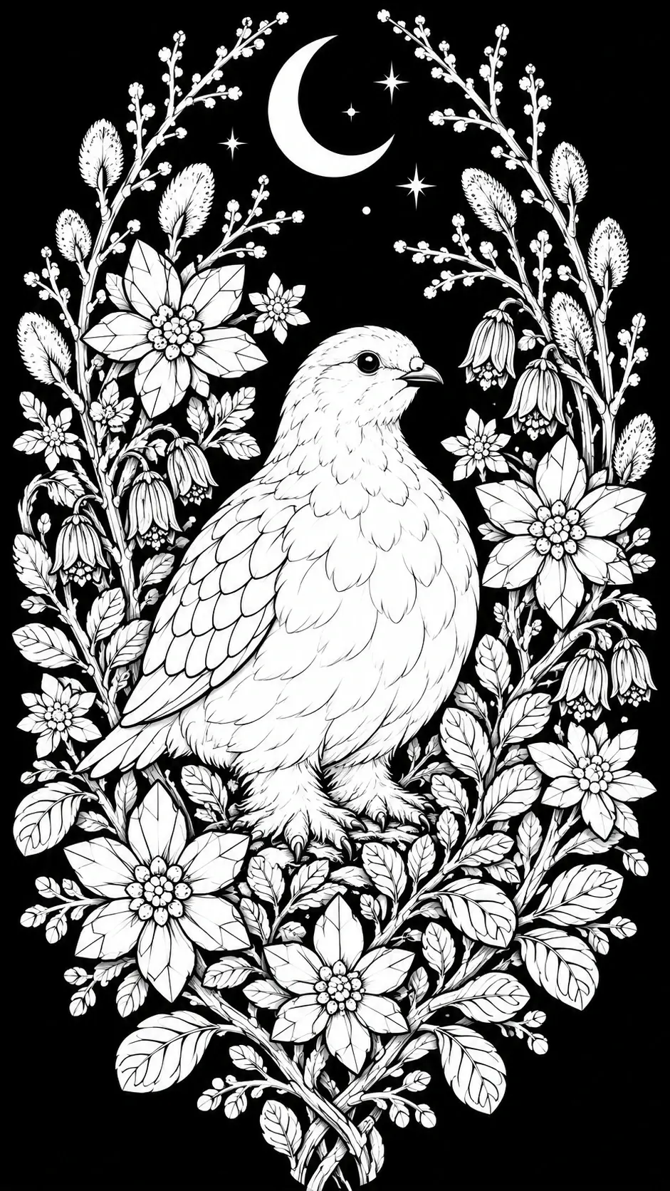 A detailed bird coloring page shows a feathered bird surrounded by large flowers, leafy branches, a crescent moon, and stars.