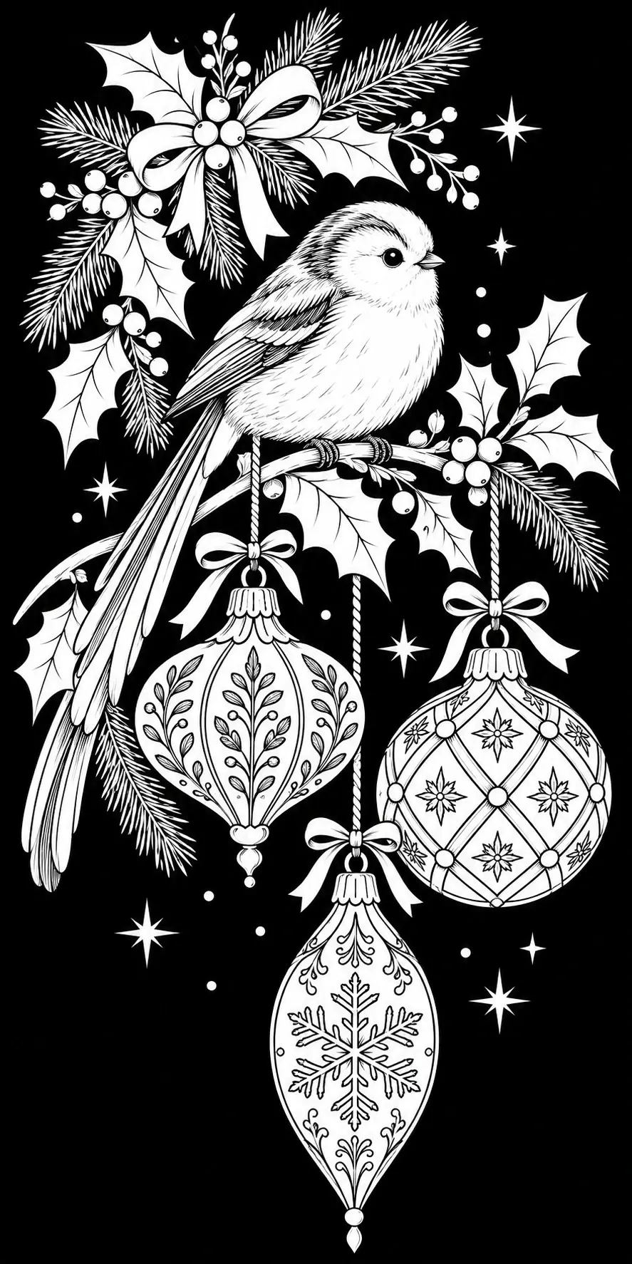 A small bird perches among holly, pine branches, stars, and three patterned ornaments in this coloring page.