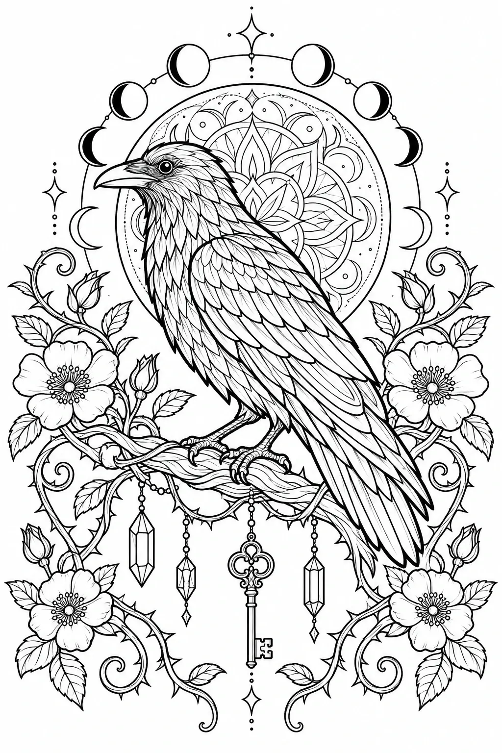 A detailed bird perches on a branch surrounded by flowers, moon phases, a circular floral pattern, and hanging key ornaments in this coloring page.