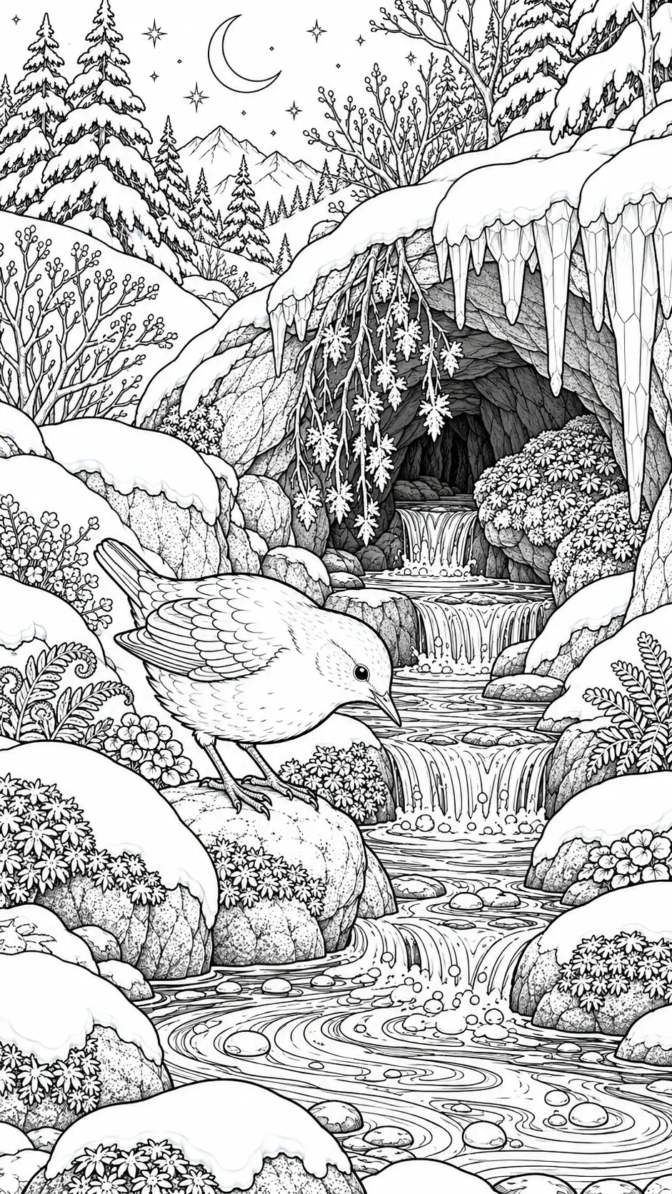 A bird stands on a rock beside a snowy woodland stream with waterfalls, evergreen trees, and hanging icicles in this coloring page.
