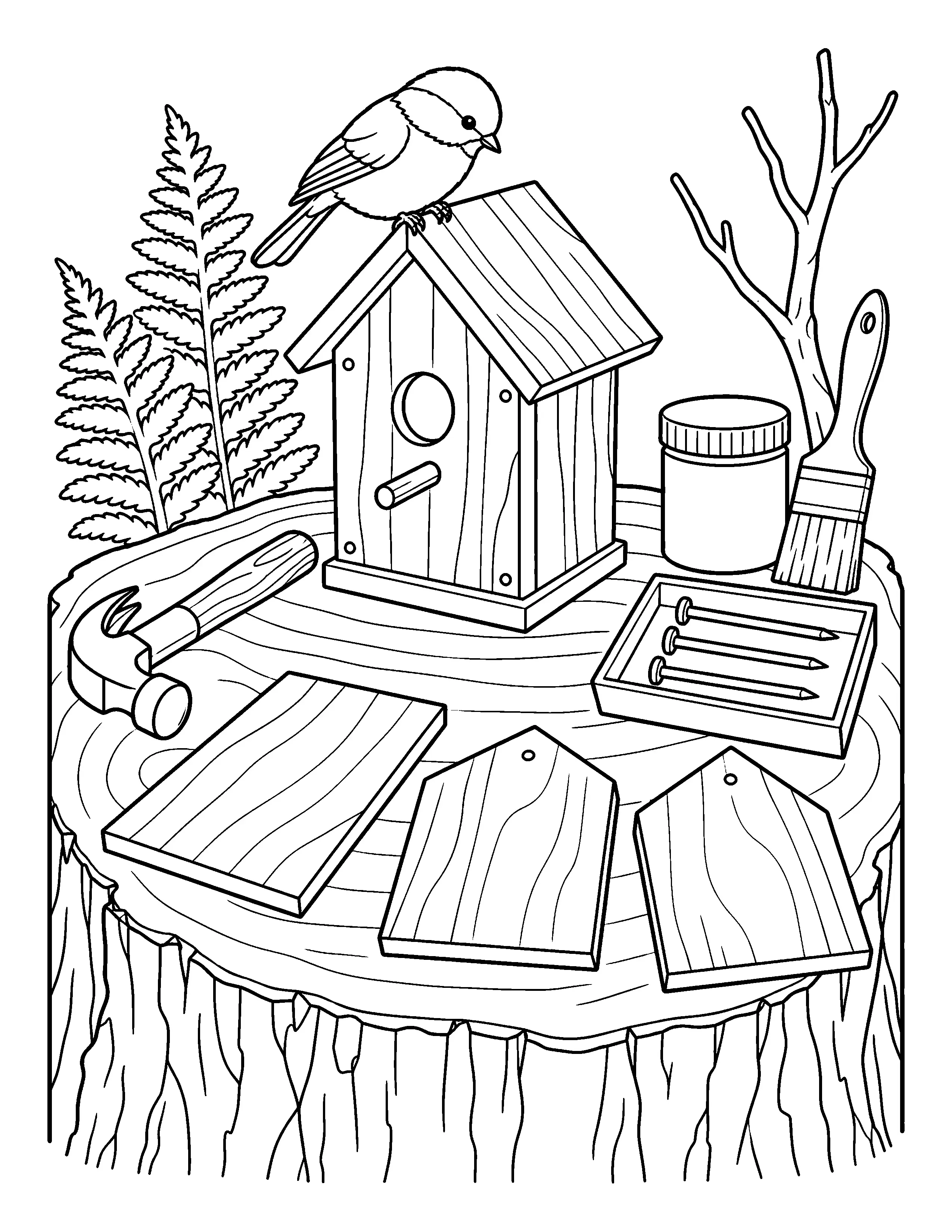 A black-and-white coloring page shows a small bird perched on a wooden birdhouse surrounded by boards, nails, a hammer, a brush, and a jar on a tree stump.