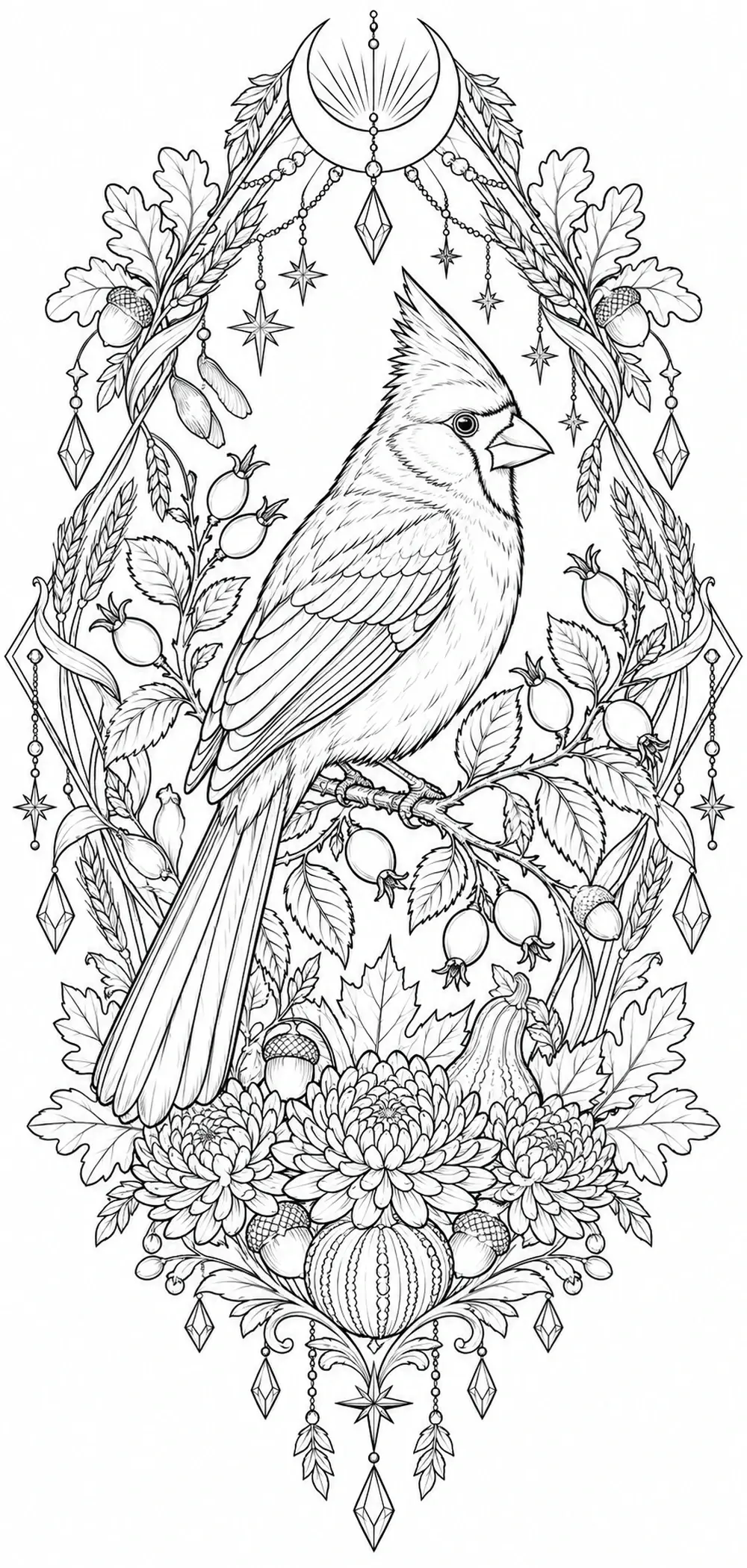 A cardinal perched on a branch inside an intricate black-and-white autumn floral wreath coloring page.