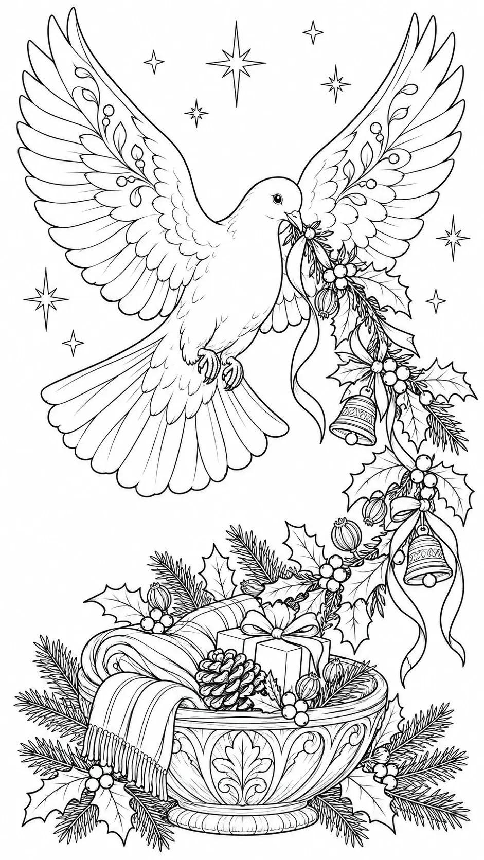 A black-and-white coloring page shows a dove carrying a leafy Christmas spray above a decorated bowl with a gift, pinecones, and greenery, with bells and stars nearby.