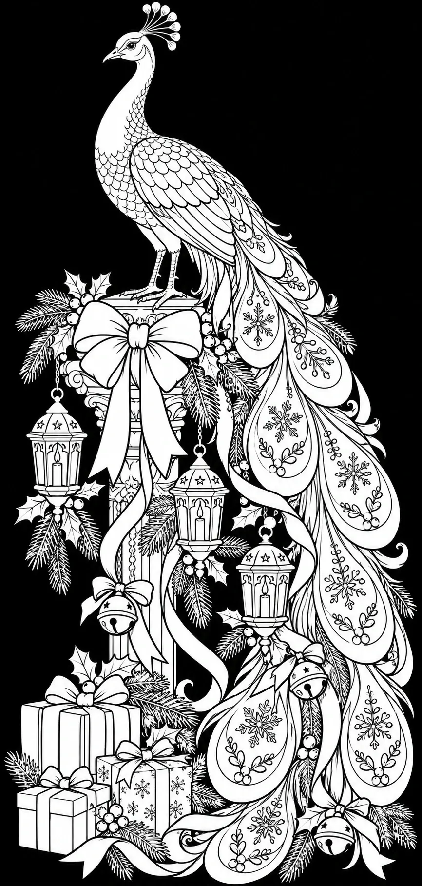 A detailed black-and-white coloring page shows one peacock with patterned tail feathers among evergreen sprigs, bows, bells, lanterns, snowflakes, and gifts.