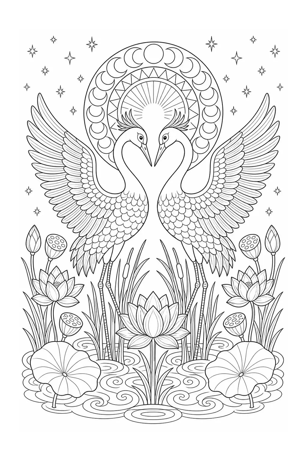 A black-and-white coloring page showing two cranes facing each other beneath a moon mandala with stars and lotus flowers.