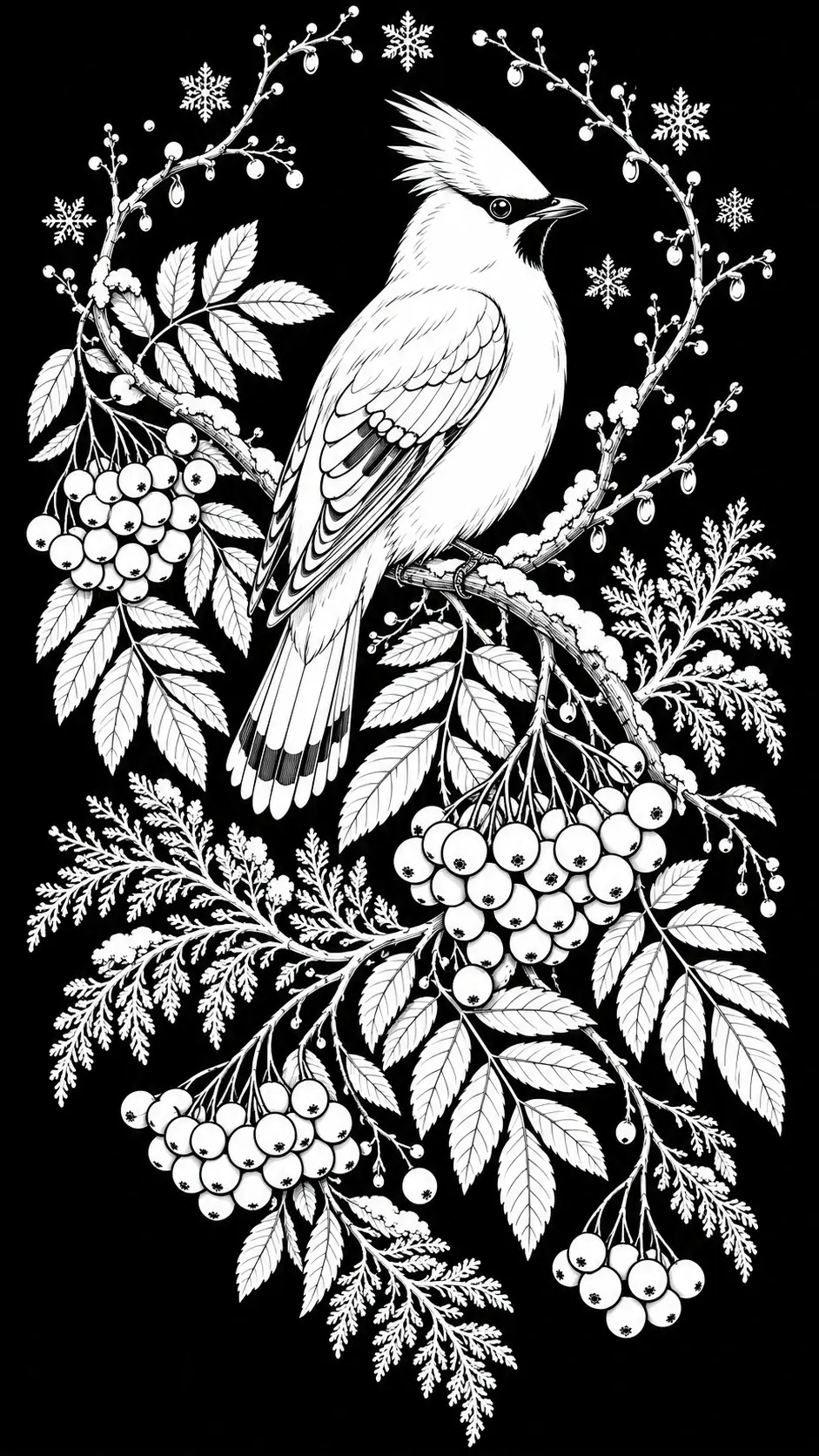 A detailed bird coloring page shows a crested bird perched among berry clusters, leafy branches, and snowflakes.
