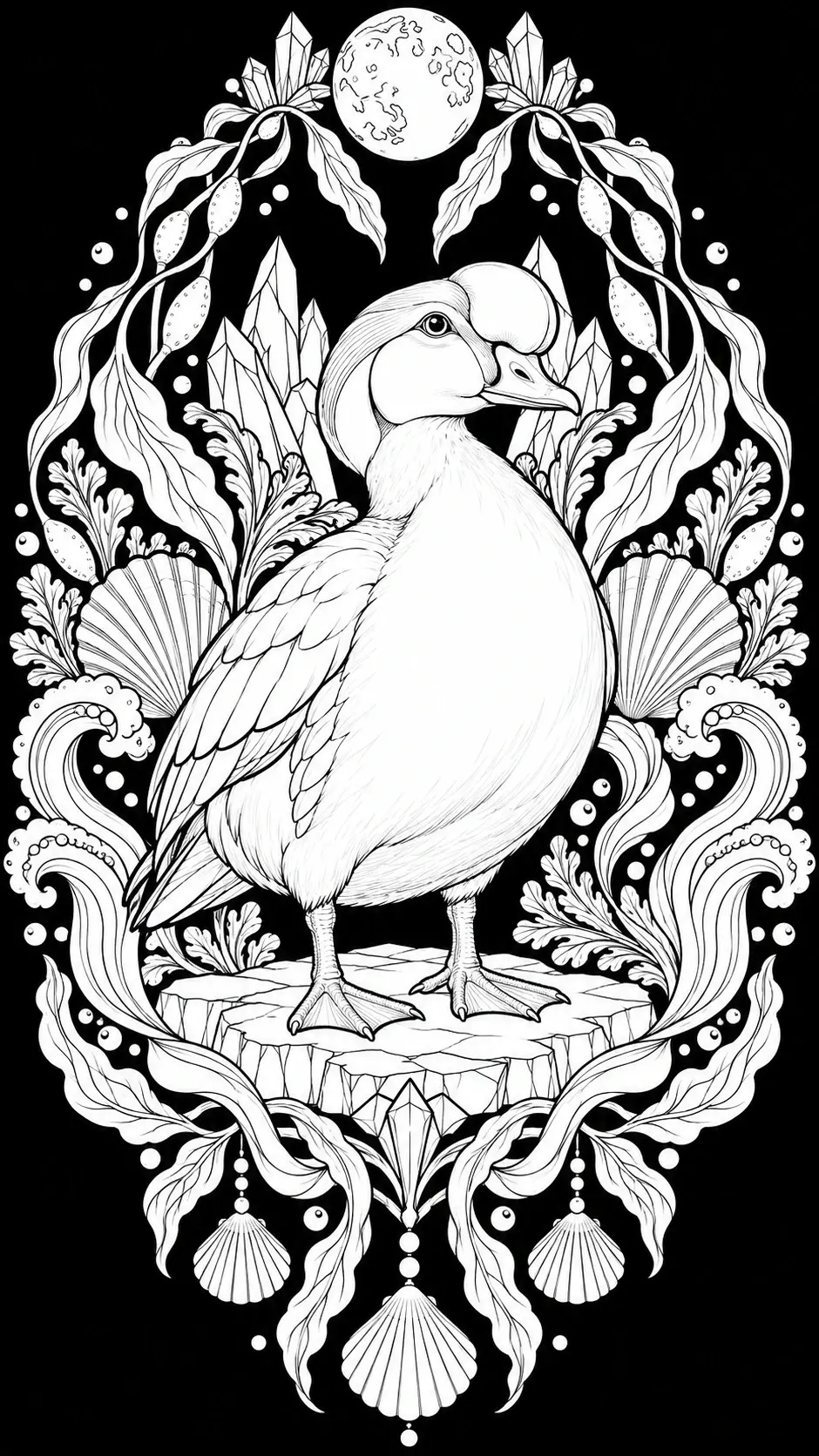 A detailed black-and-white coloring page shows a crested bird standing on a rock, framed by a moon, crystals, shells, and curling waves.