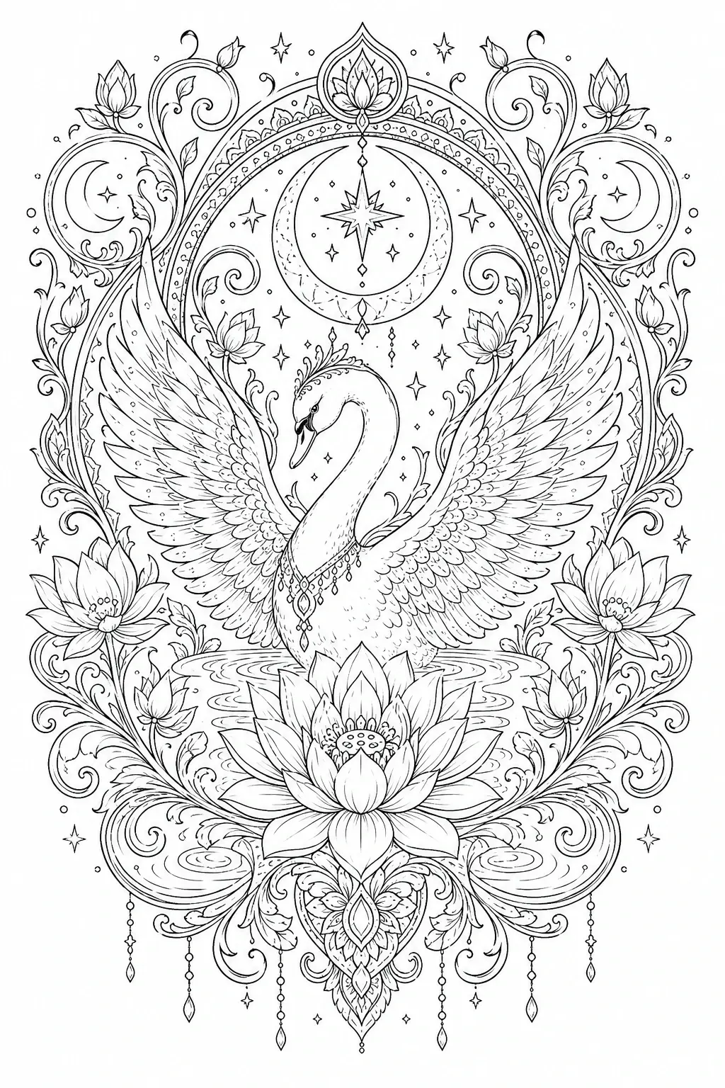 Ornamental coloring page of a swan with large wings, surrounded by flowers, a moon, stars, and decorative mandala patterns.