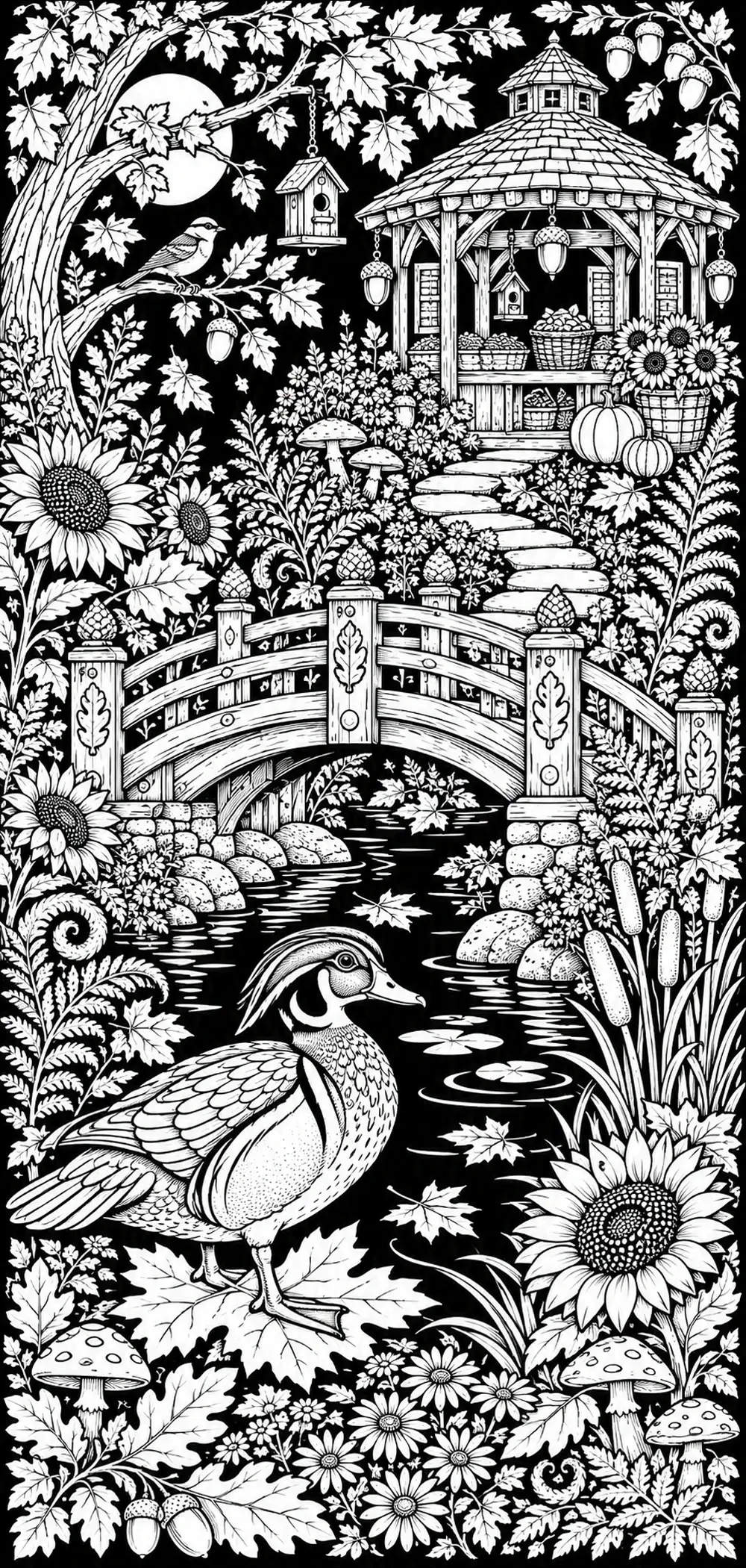 A duck coloring page showing a pond garden scene with a bridge, gazebo, flowers, leaves, and mushrooms in black-and-white.