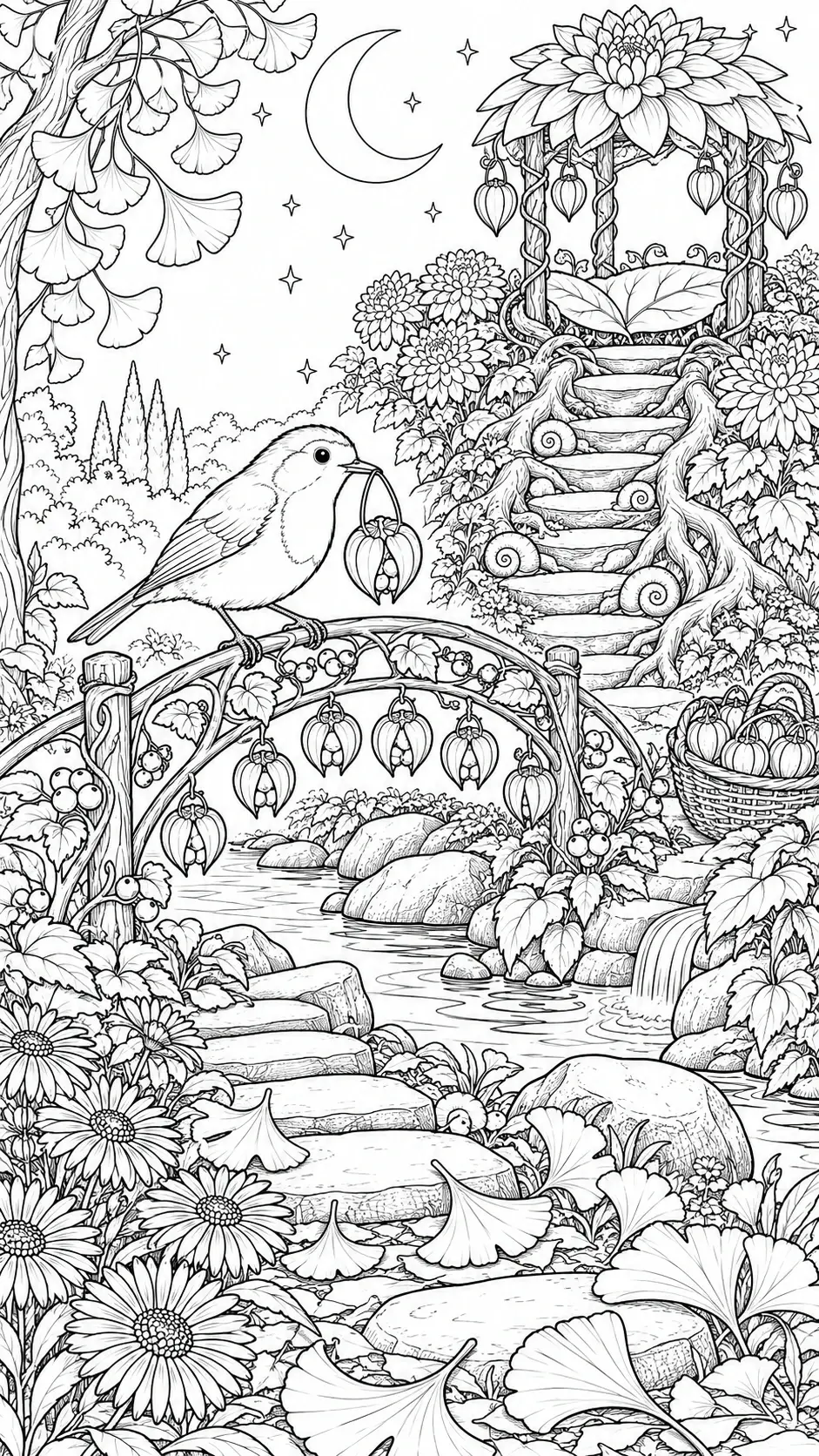 A detailed black-and-white coloring page shows one bird perched on a garden arch beside a stream, flower-covered steps, hanging blossoms, and a crescent moon.
