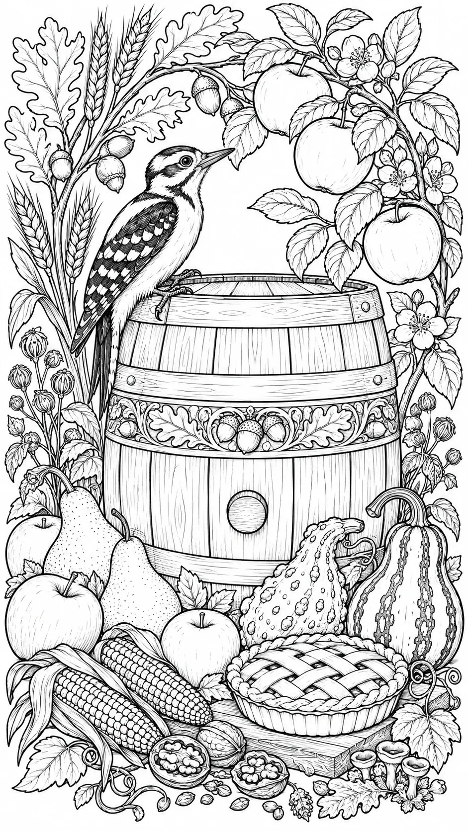A detailed black-and-white coloring page shows a woodpecker beside a decorated barrel surrounded by apples, pears, gourds, corn, wheat, and leaves.