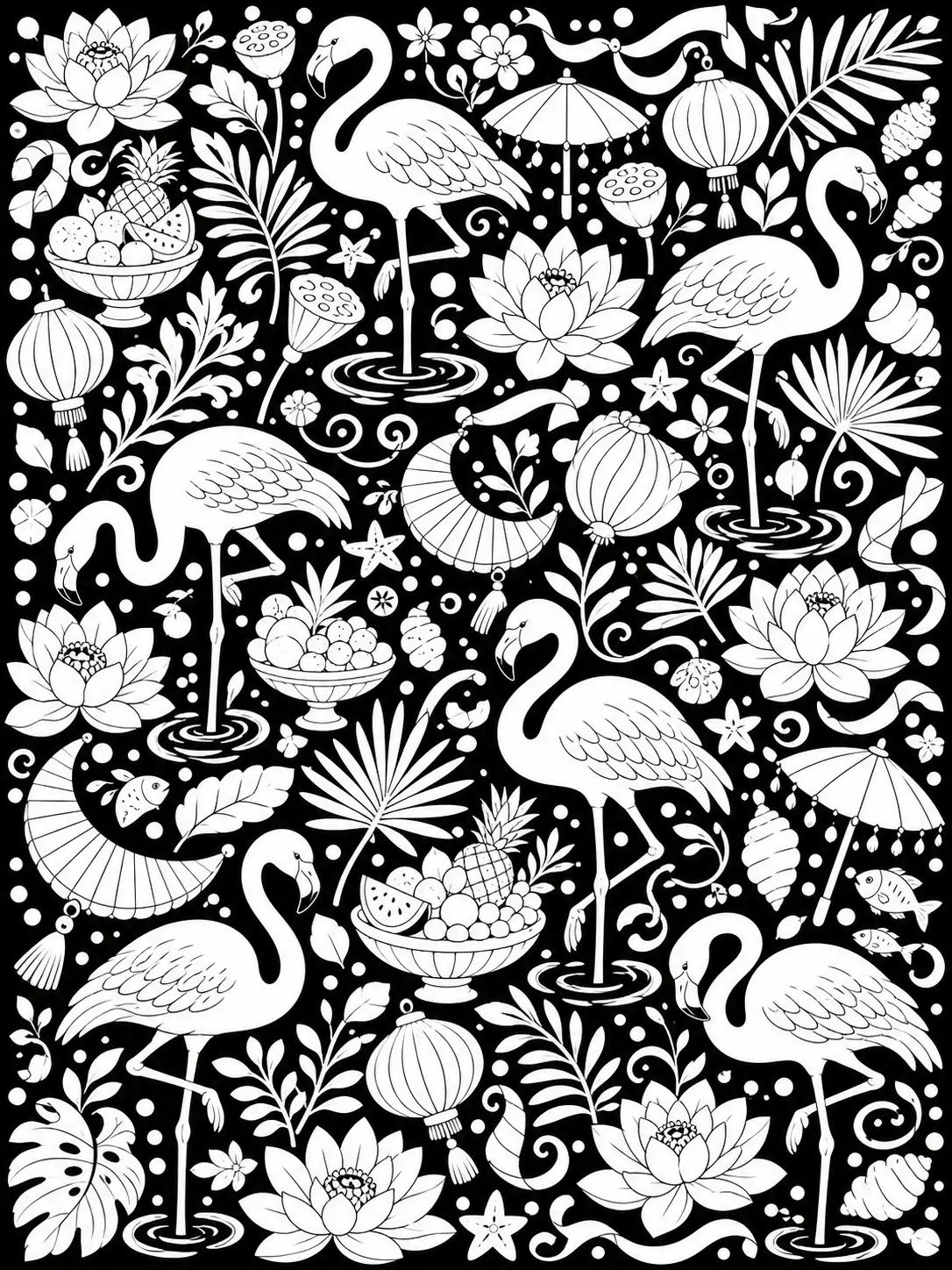 A black-and-white coloring page with multiple flamingos, lotus flowers, tropical leaves, lanterns, and fruit bowls in a dense decorative pattern.