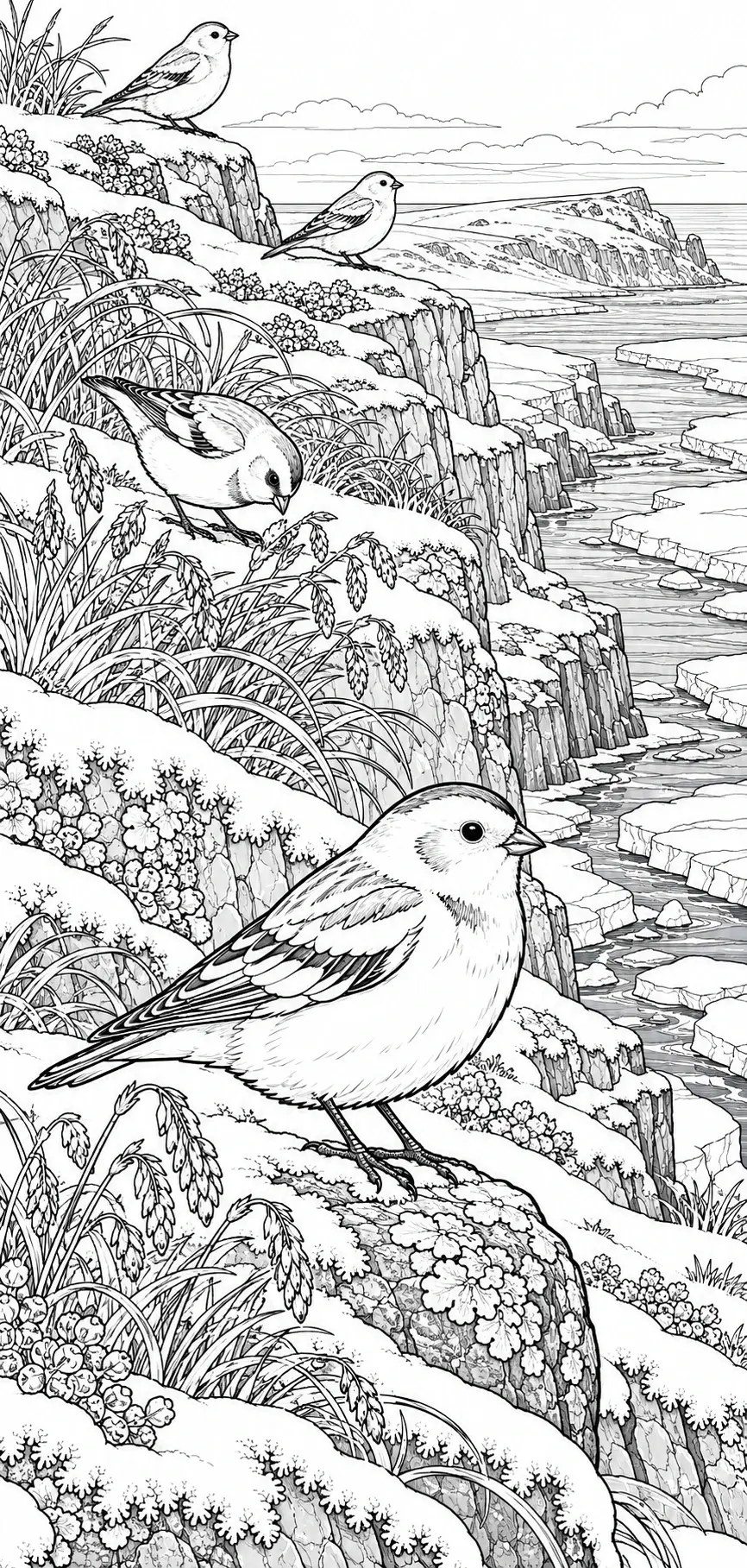 This black-and-white coloring page shows four birds among flowered coastal cliffs, grasses, and a rocky shoreline.