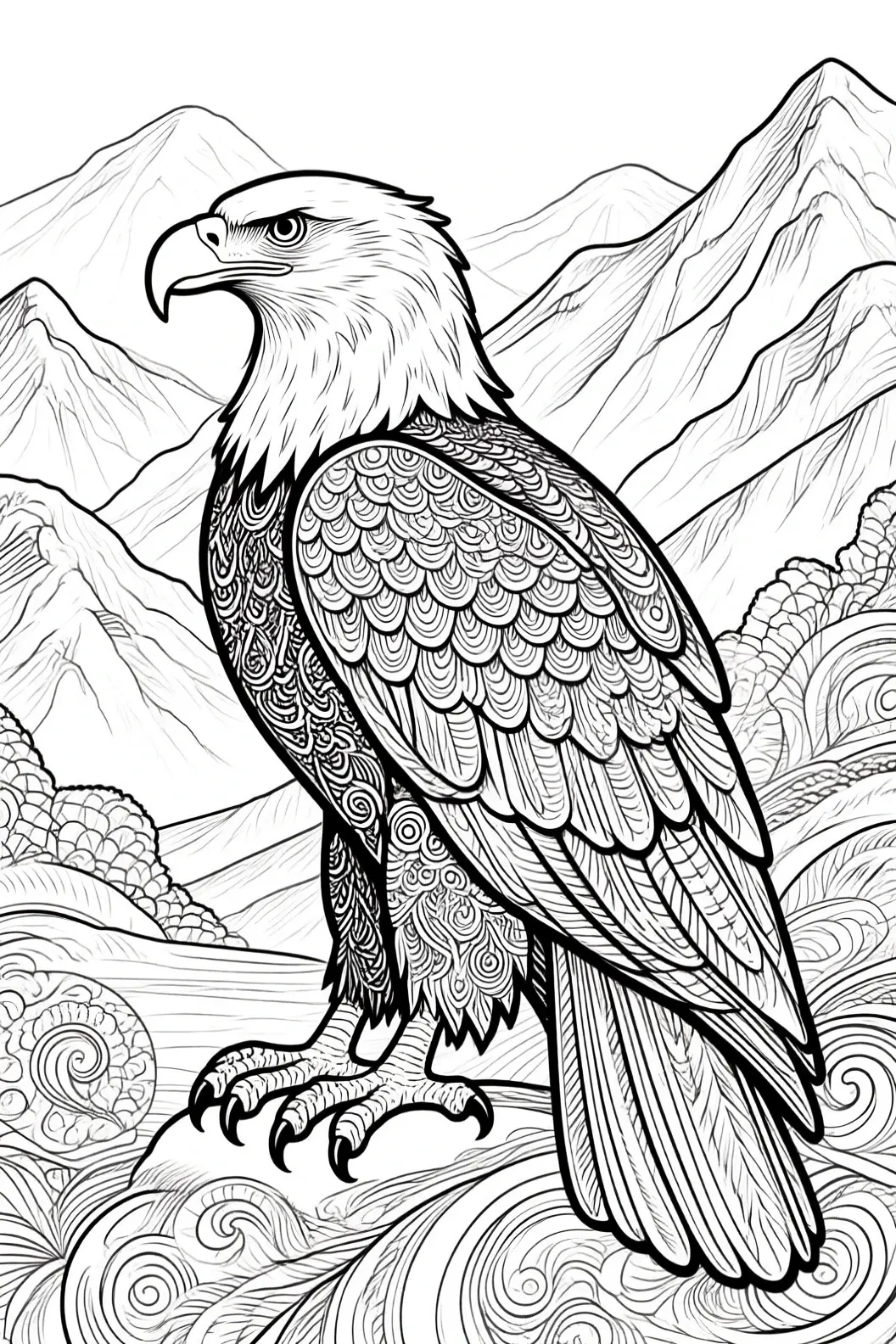 Intricate black-and-white eagle perched before mountains an animal-themed, mandala-inspired design for detailed coloring page; great for kids' coloring page, adult coloring sheets, and printable