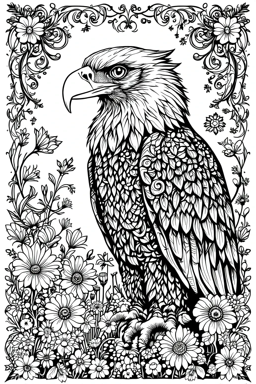 Black-and-white line art of a majestic eagle perched amid flowers with a decorative floral border an animal-themed illustration for detailed coloring page. Suitable for a printable coloring page and