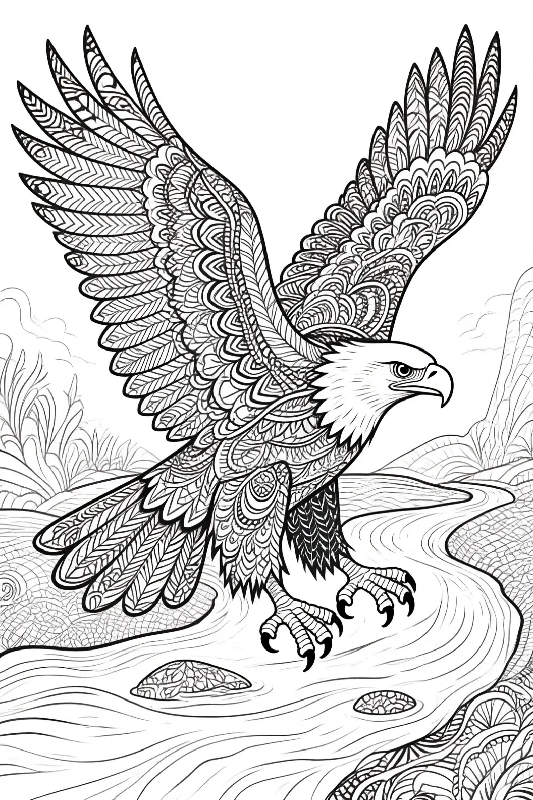 Black-and-white line art of a majestic eagle with intricate mandala-style feathers swooping over a river and rocks; ideal for detailed coloring page, kids' coloring page, printable coloring page