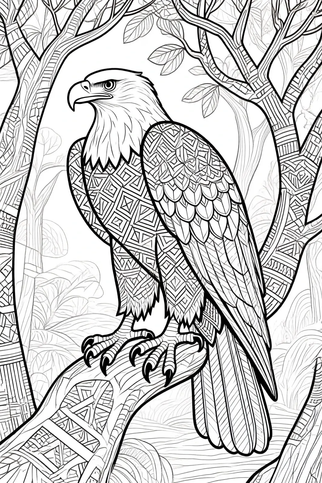 Black-and-white line art of a majestic eagle with geometric mandala-style patterns perched on a tree branch in a forest; suitable for detailed coloring page, kids' coloring page, a printable coloring