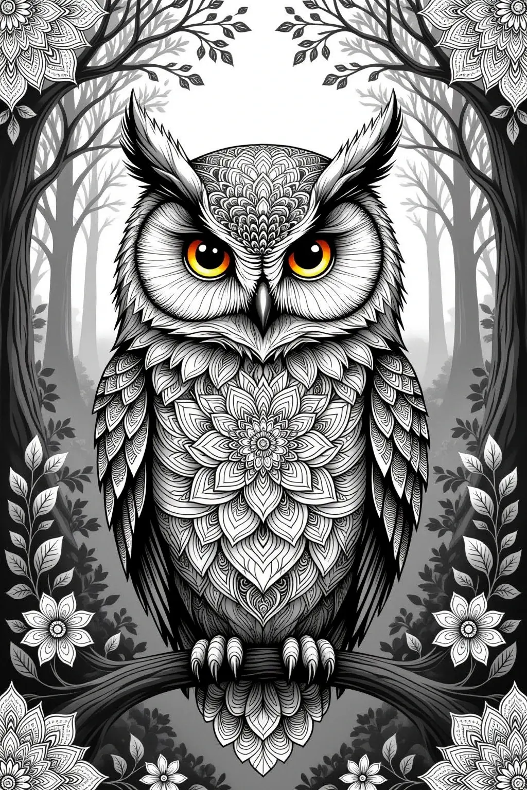 Black-and-white owl mandala perched on a branch in a misty forest; highly intricate line art ideal for detailed coloring page and kids' coloring page. Perfect for a printable coloring page and