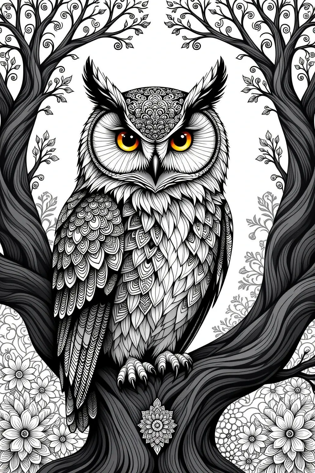 Intricate black-and-white owl mandala perched on a tree with floral patterns; animal coloring page for detailed coloring page, kids' coloring page, printable coloring page, and coloring sheets great