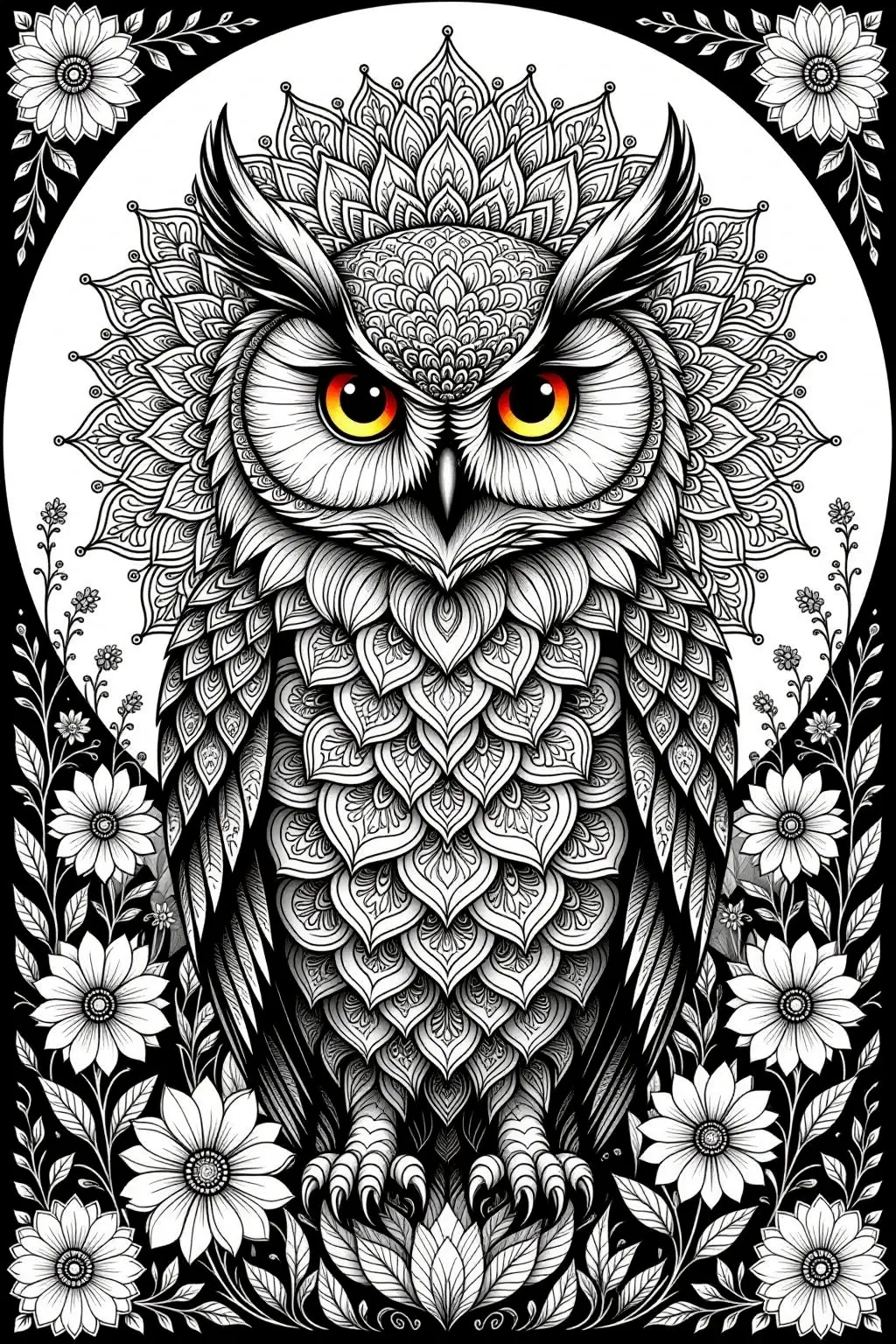 Highly detailed owl mandala with floral border in black-and-white line art; part of our detailed coloring page collection for a printable coloring page. Perfect as animal coloring page, mandala