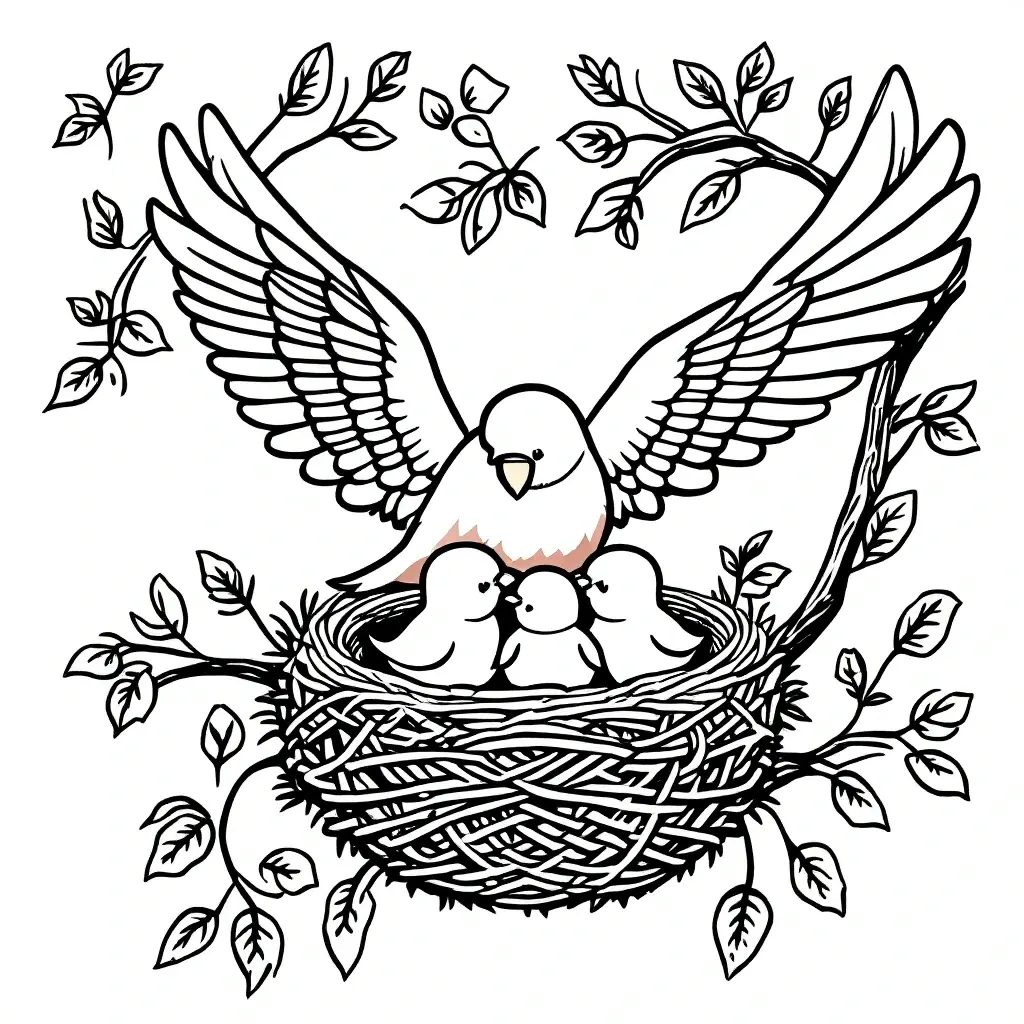Black and white bird nest coloring page featuring a mother bird with wings spread over three baby birds in a woven nest, surrounded by leafy branches; a cute nature scene for detailed coloring page