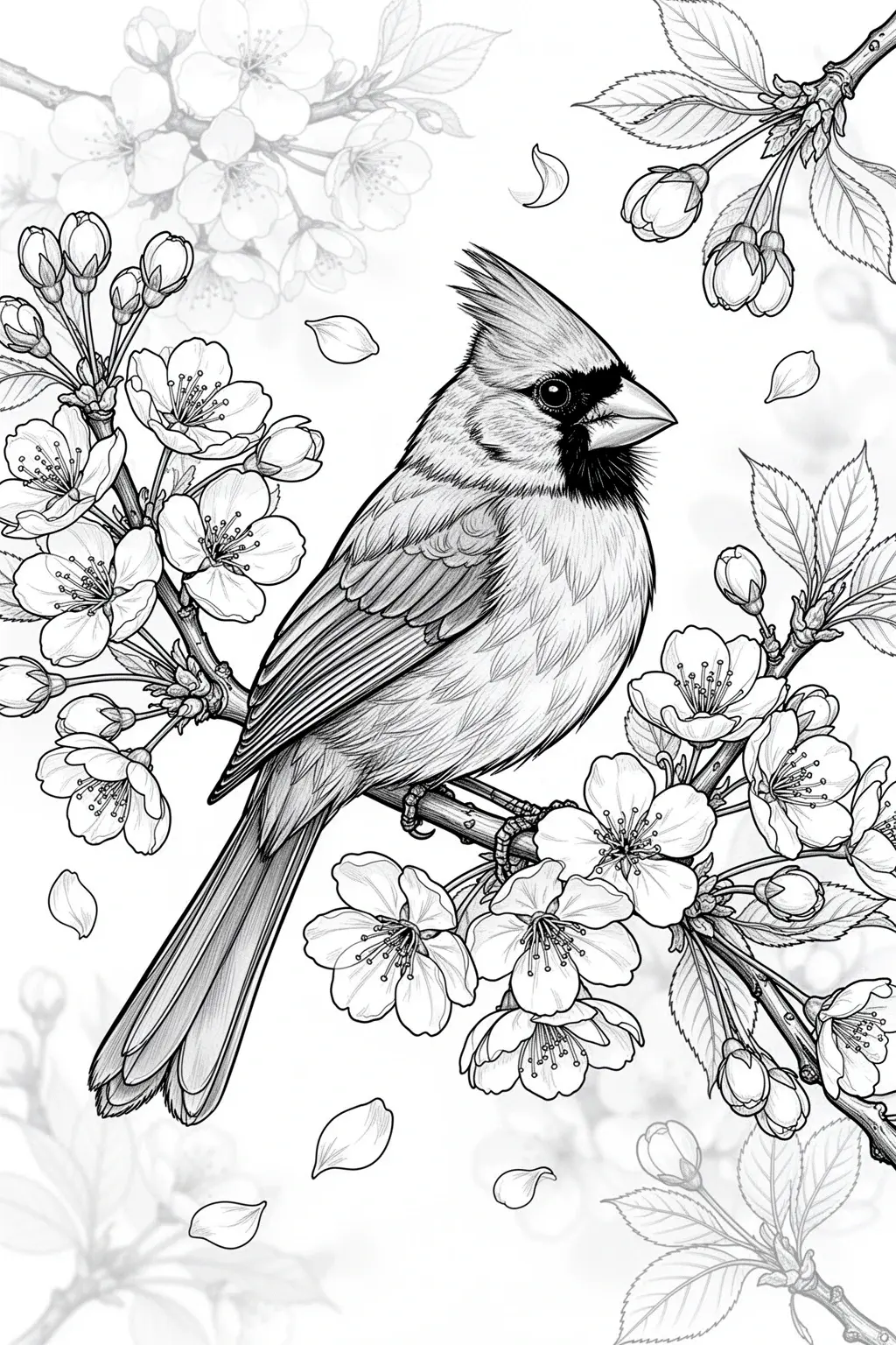 Detailed coloring page of a cardinal perched on a cherry blossom branch with flowers and falling petals.