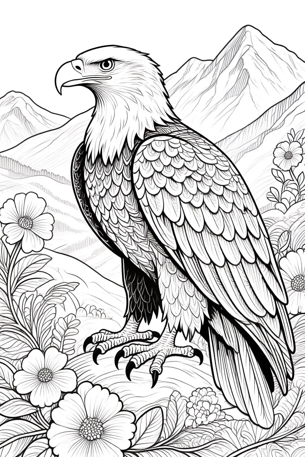 Black-and-white eagle perched on a rock with detailed feathers, mountains and flowers in the background a printable coloring page style page for detailed coloring page, kids' coloring page, and