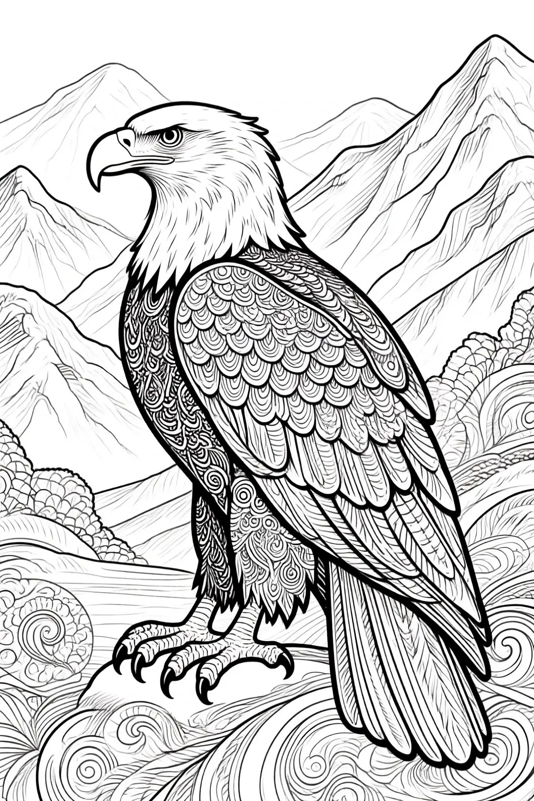 Animal coloring page featuring a highly detailed eagle perched before mountains; designed as detailed coloring page with ornate feathers, suitable for kids' coloring page and adults; ideal for a