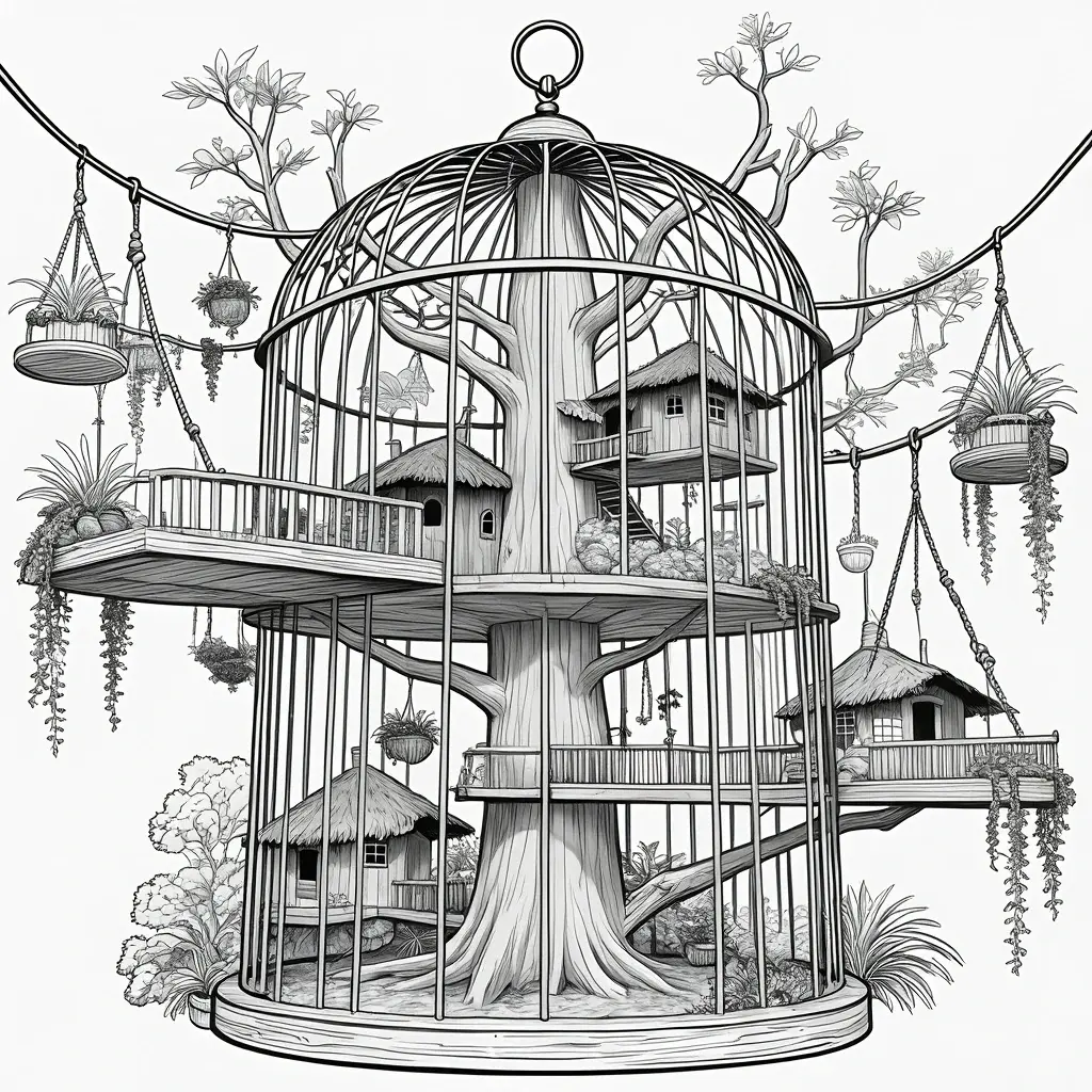 Black and white detailed coloring page of an enchanted treehouse inside a giant birdcage surrounded by hanging plants and branches, designed as kids' coloring page, a printable coloring page, and