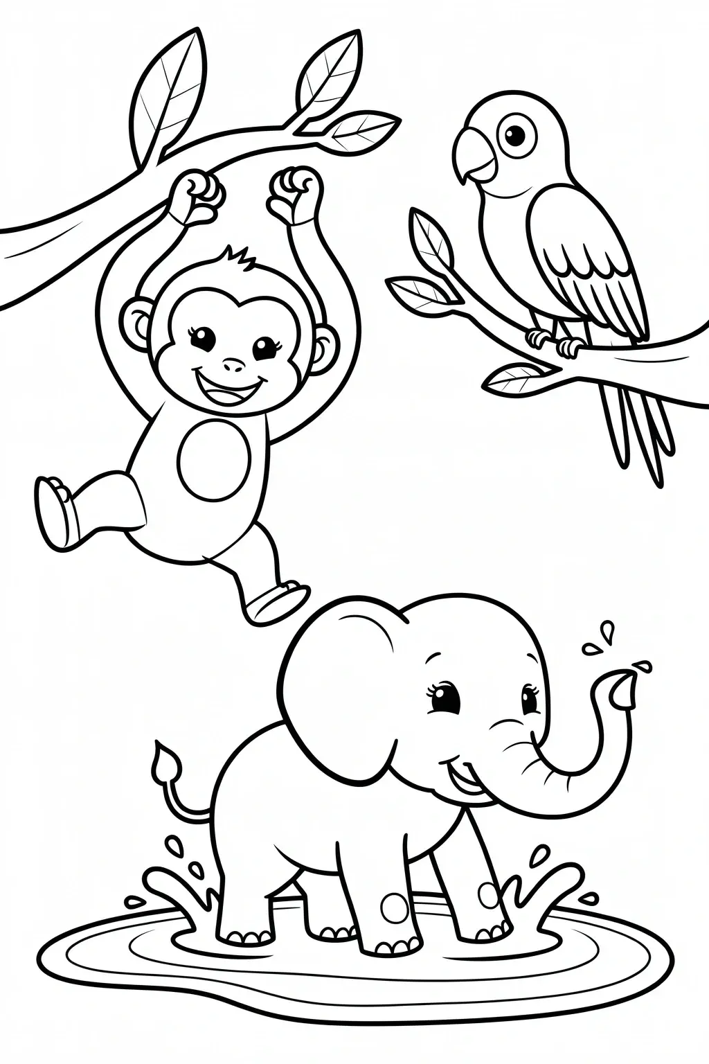 Black-and-white jungle scene with a swinging monkey, a parrot on a branch, and a baby elephant splashing in a puddle detailed coloring page, kids' coloring page, printable coloring page, coloring