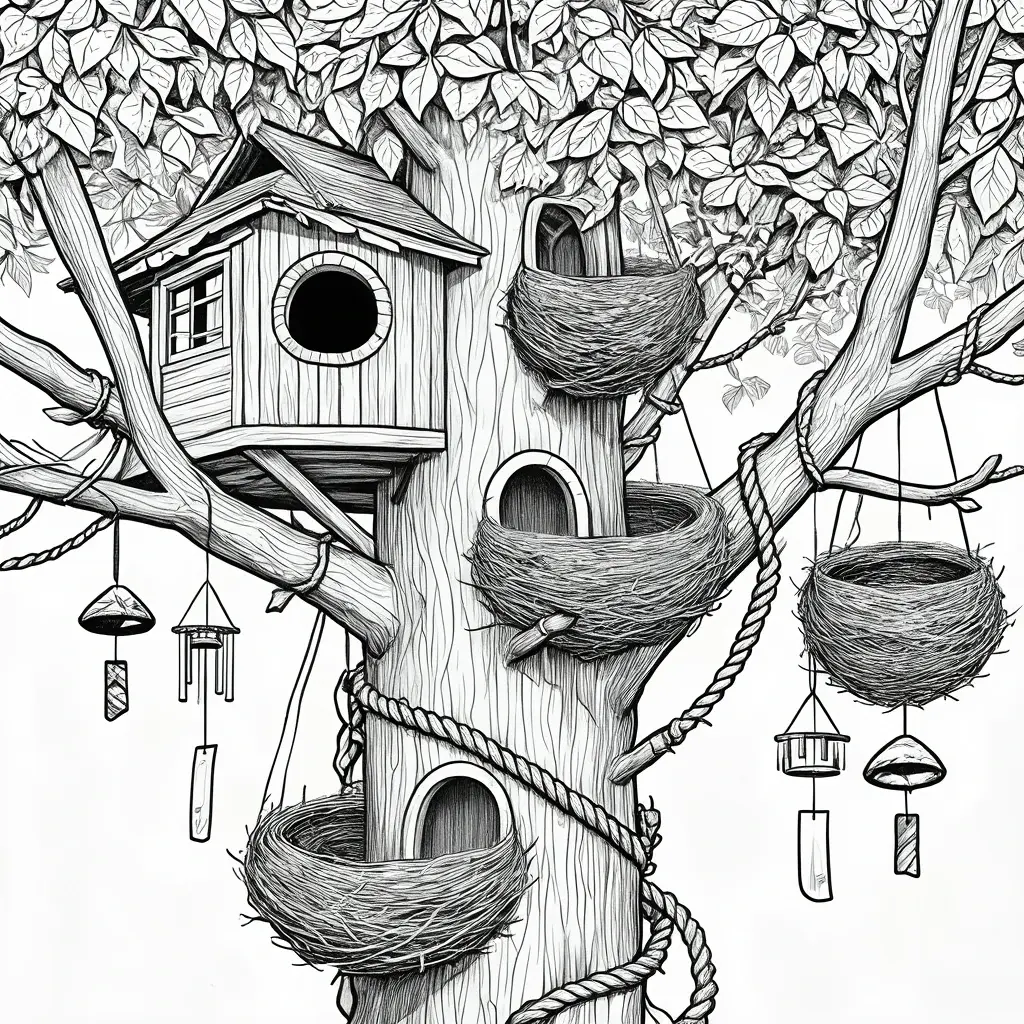 Black-and-white detailed coloring page of a whimsical treehouse built into a large tree with multiple bird nests, hanging decorations, and branches, designed as printable coloring page coloring