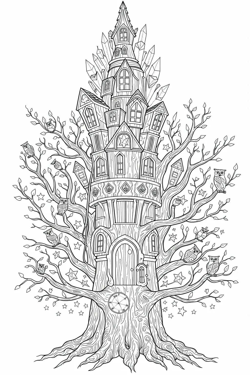 Intricate black-and-white treehouse coloring page featuring owls, branches, stars and many windows ideal detailed coloring page, kids' coloring page, printable coloring page and coloring sheets.