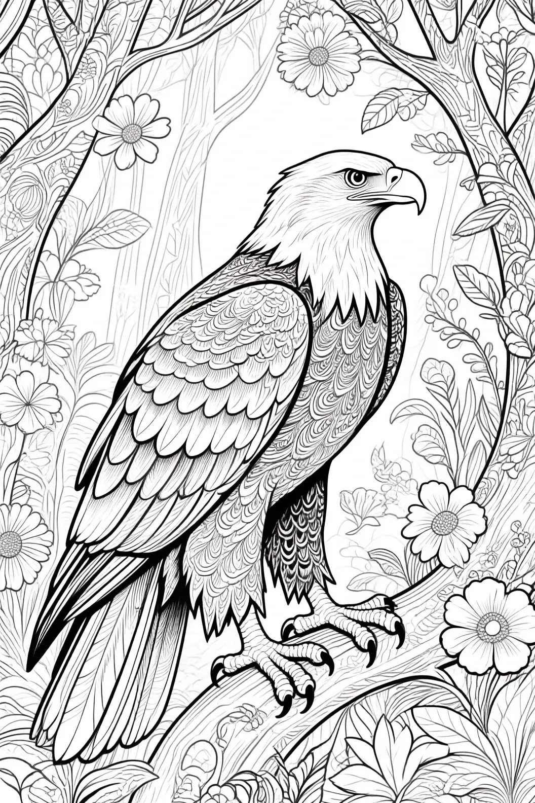 Black-and-white eagle coloring page with floral background detailed coloring page, kids' coloring page, printable coloring page and coloring sheets featuring animal and spring themes with mandala-like