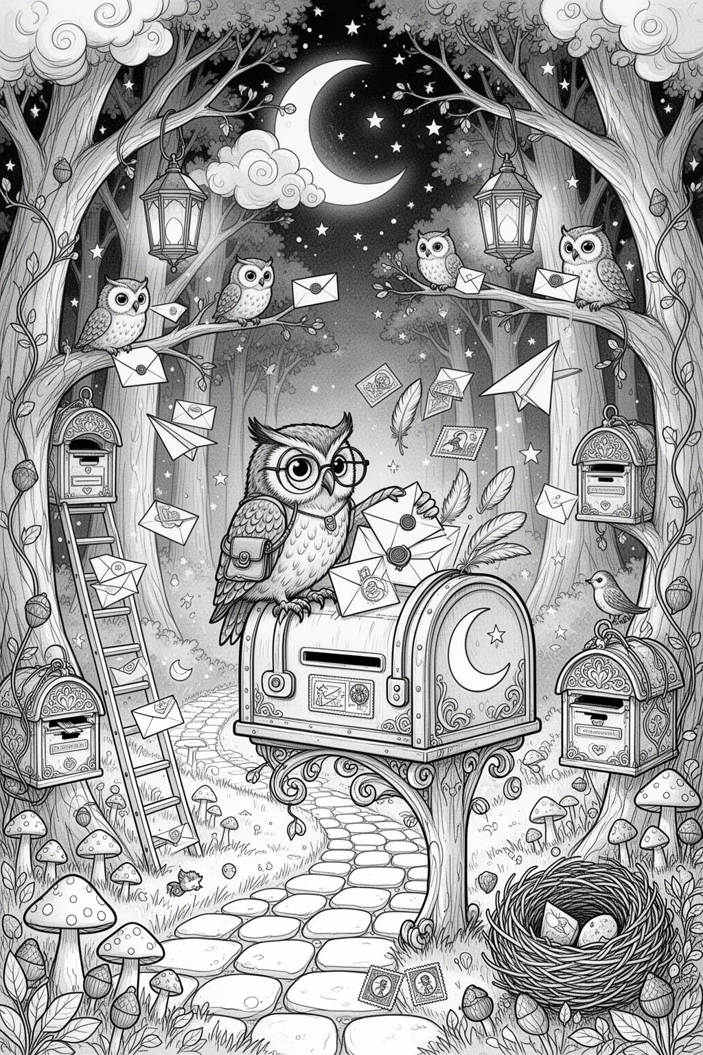 Moonlit Owl Postal Service coloring page.