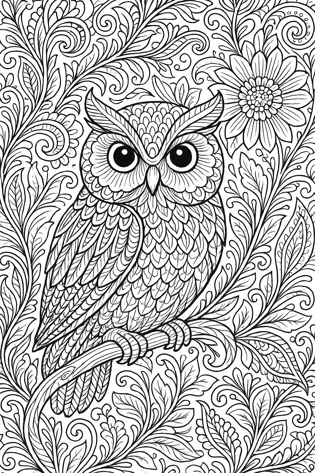 Black-and-white detailed owl coloring page with floral and swirling mandala patterns a detailed coloring page design suitable for kids' coloring page, a printable coloring page or separate coloring