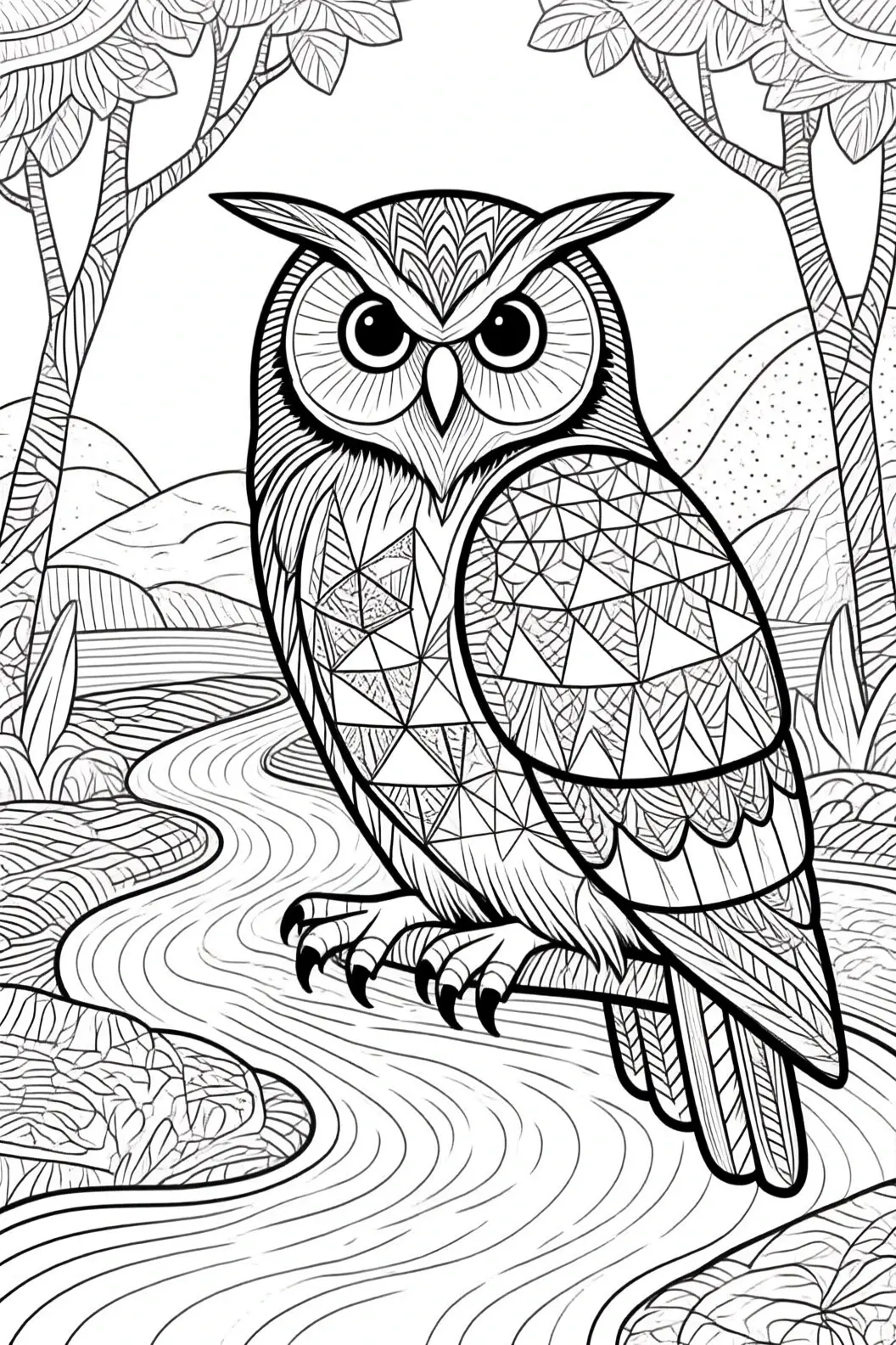 Black-and-white owl mandala coloring page with intricate patterns; detailed coloring page, kids' coloring page, printable coloring page and coloring sheets included.
