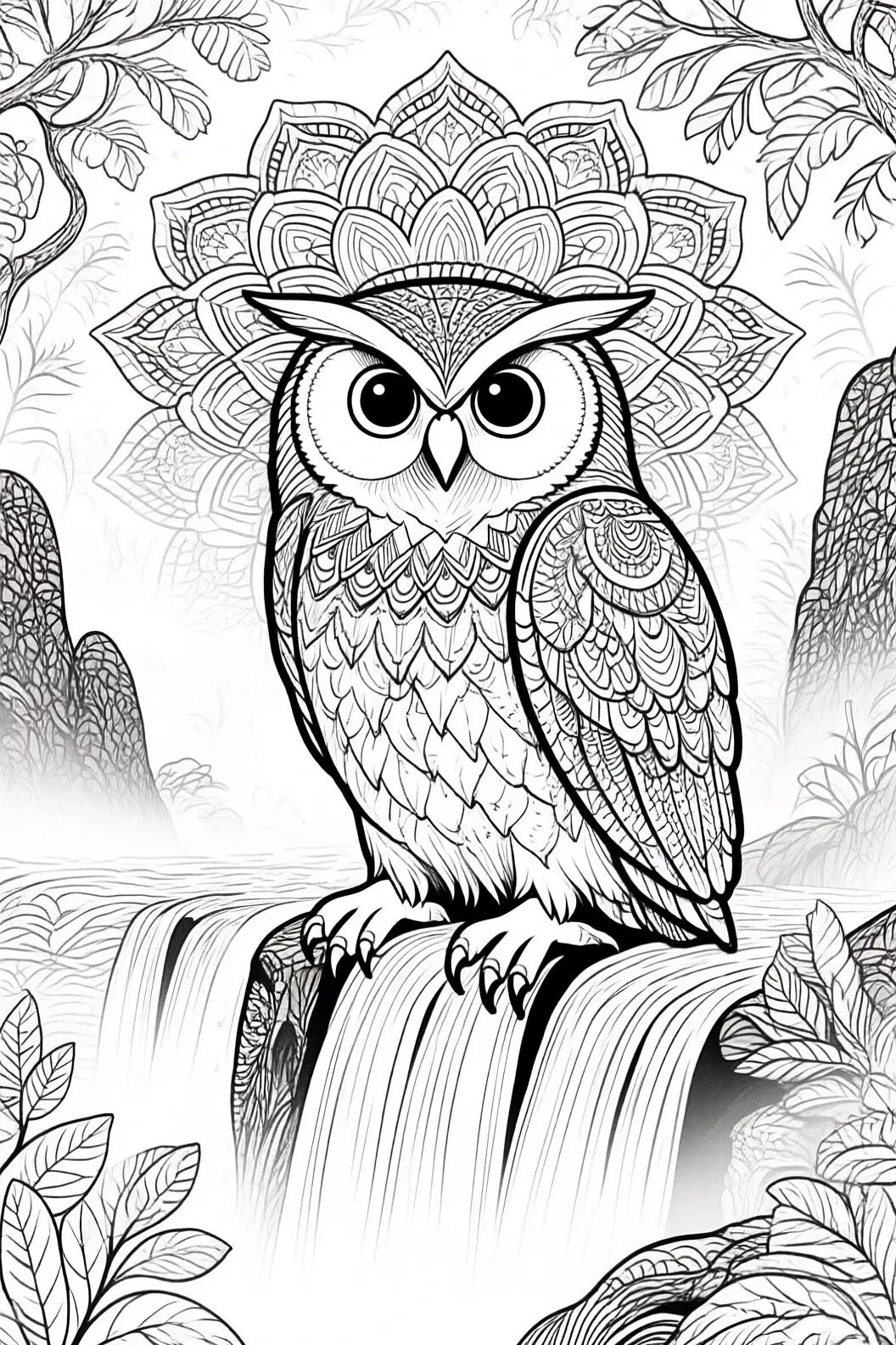 Intricate owl mandala coloring page with detailed feathers and background scenery printable coloring page style coloring sheets for kids' coloring page and detailed coloring page, animal and mandala