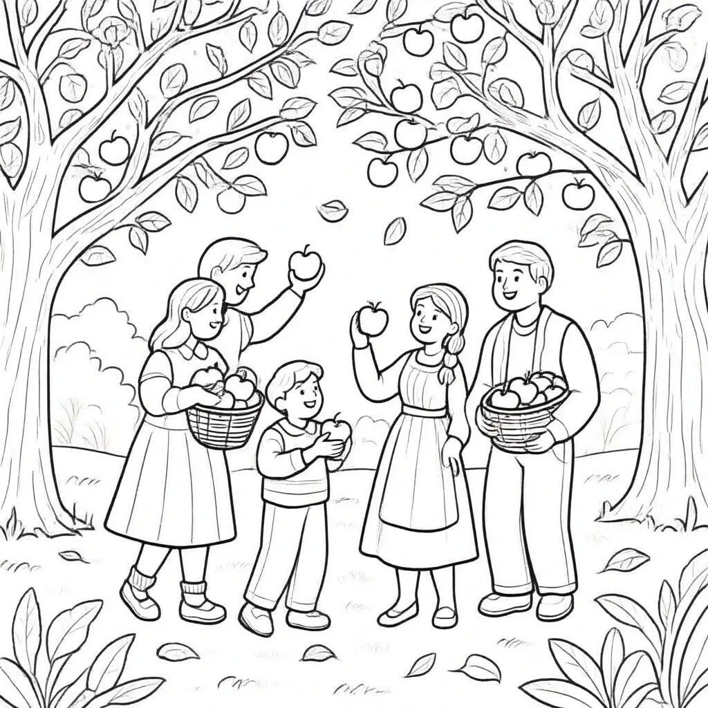 Black-and-white apple-picking family scene: people holding baskets of apples under trees detailed coloring page, kids' coloring page, printable coloring page, and coloring sheets for fall and harvest.