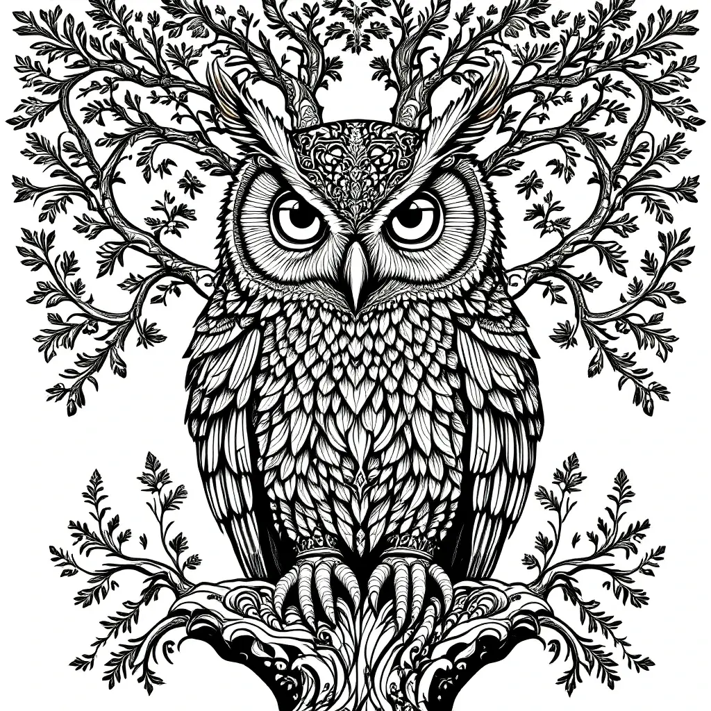 Black and white intricate owl mandala coloring page detailed coloring page, kids' coloring page, printable coloring page and coloring sheets featuring an animal design.