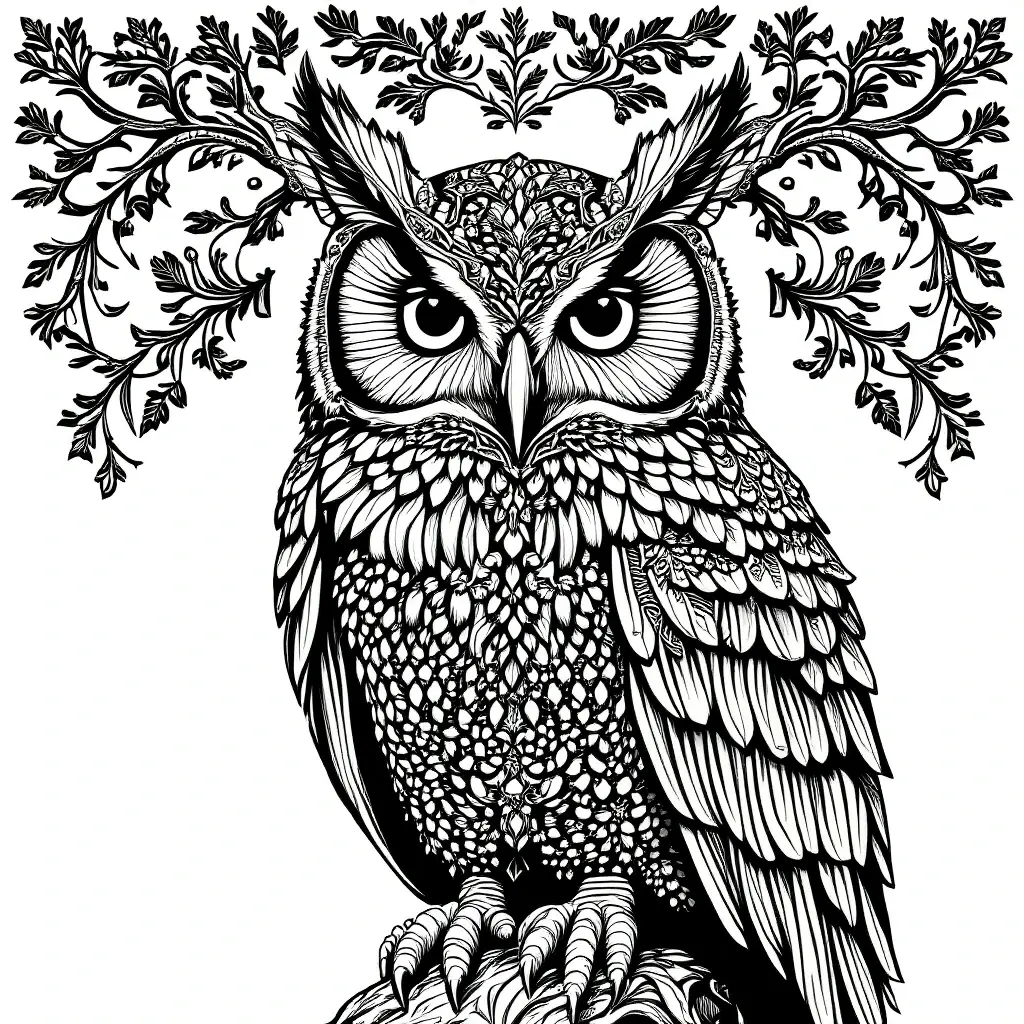 Intricate owl coloring page featuring mandala-style details detailed coloring page, kids' coloring page, printable coloring page and coloring sheets for animal lovers.