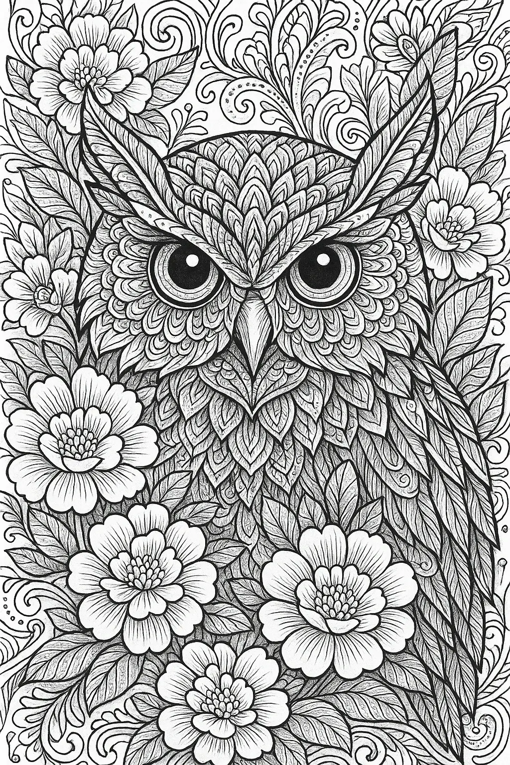 Black and white intricate owl coloring page with floral mandala patterns detailed coloring page, kids' coloring page, printable coloring page and coloring sheets for animal and nature themes.
