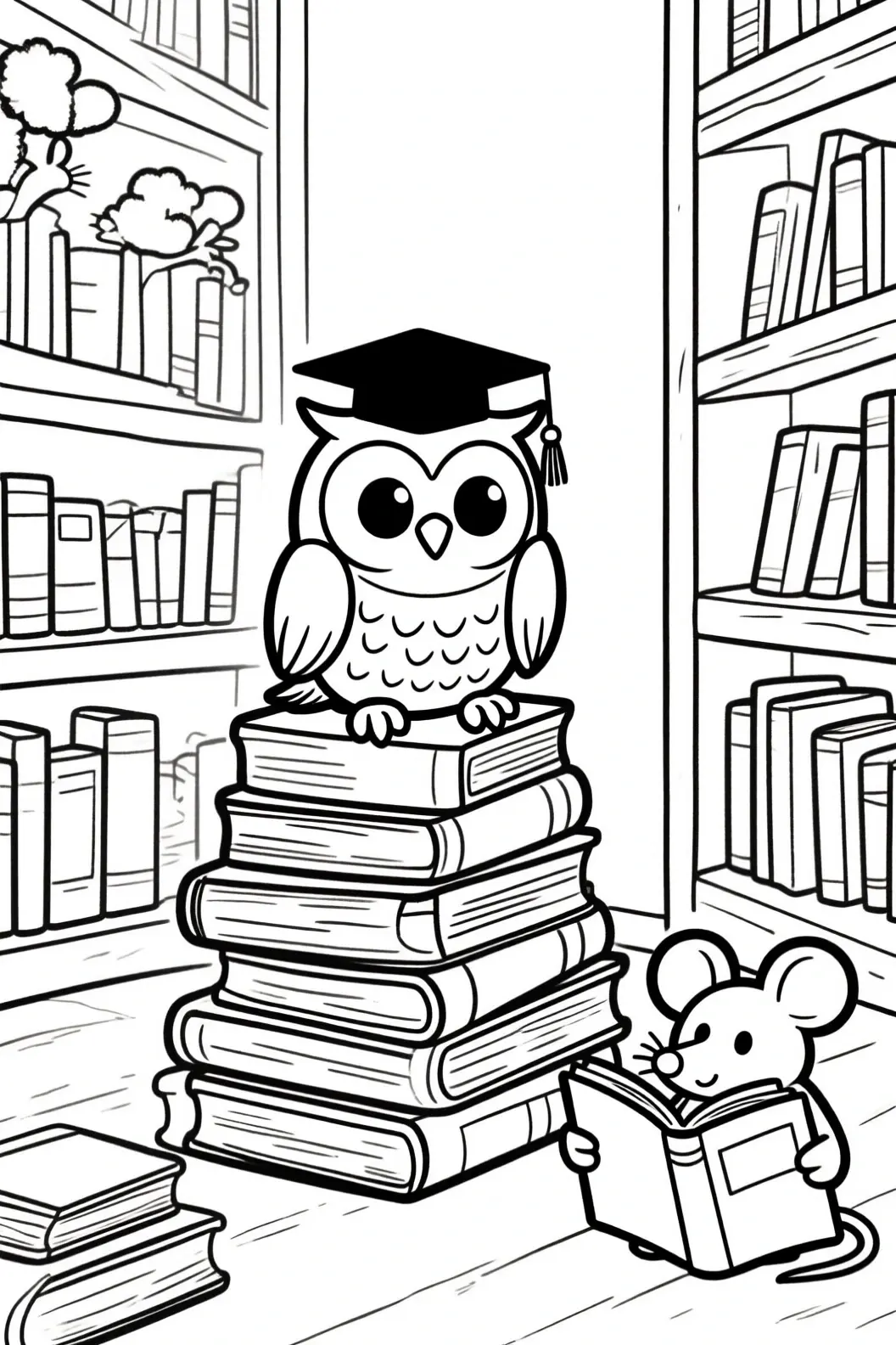 Animal coloring page of a wise owl wearing a graduation cap perched on a stack of books while a small mouse reads in a library. Ideal for kids' coloring page and detailed coloring page; great as