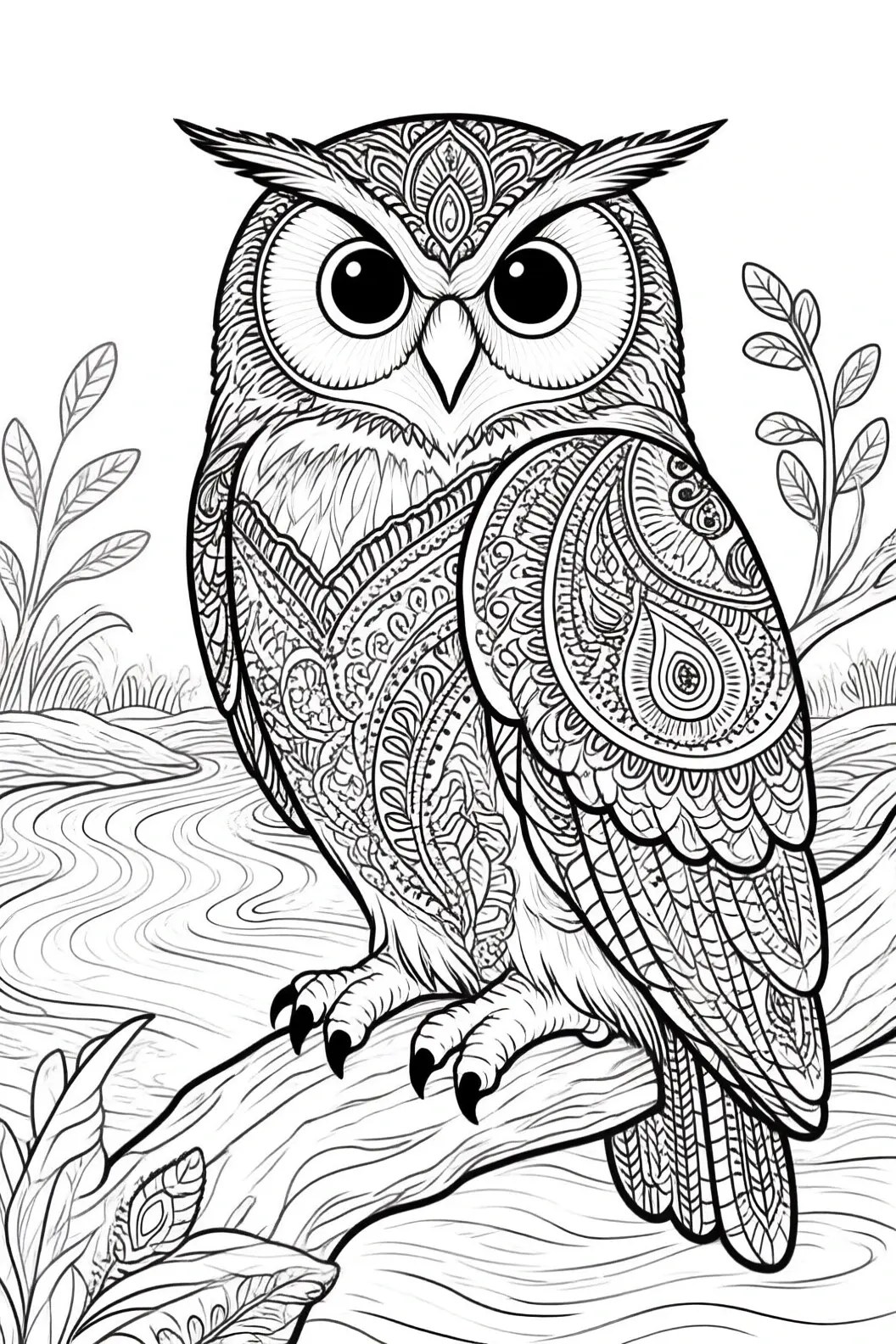 Black-and-white animal coloring page featuring an ornate owl with mandala patterns perched on a branch beside a stream. Suited for detailed coloring page, kids' coloring page, printable coloring page.