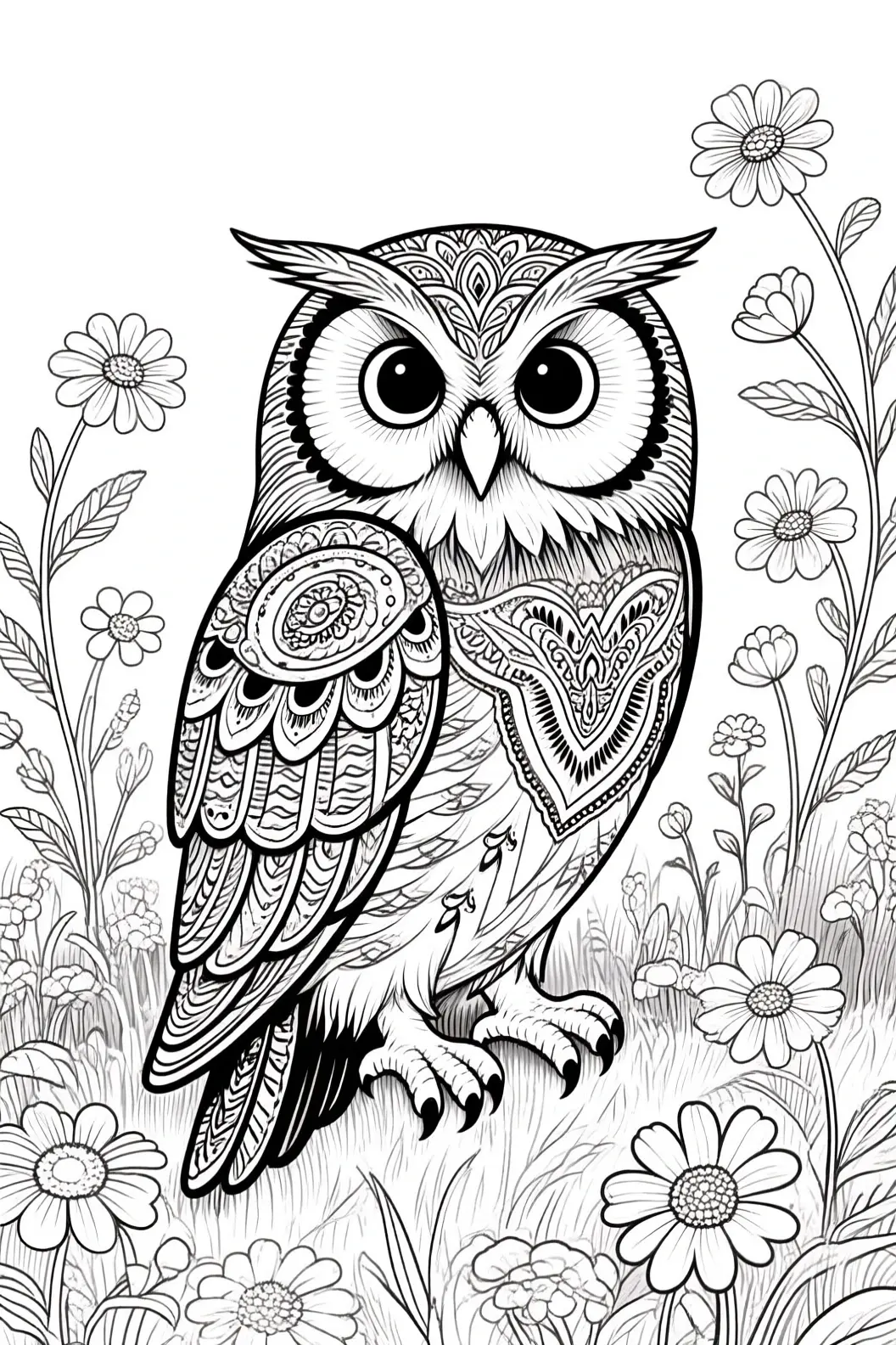 Black-and-white line art of an intricate owl with mandala patterns sitting in a field of spring flowers; a printable coloring page design from our detailed coloring page and kids' coloring page