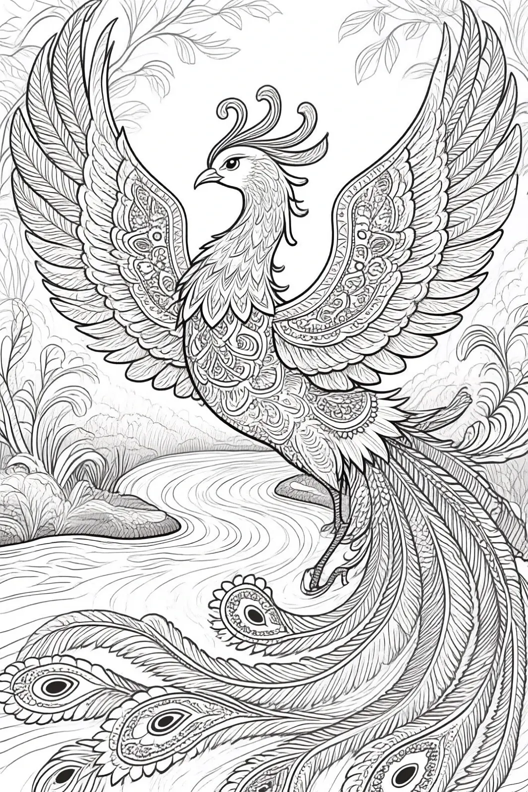 Detailed phoenix line art for coloring: intricate mandala-style animal design with flowing tail and feathers printable coloring page, kids' coloring page and coloring sheets, part of a set of detailed