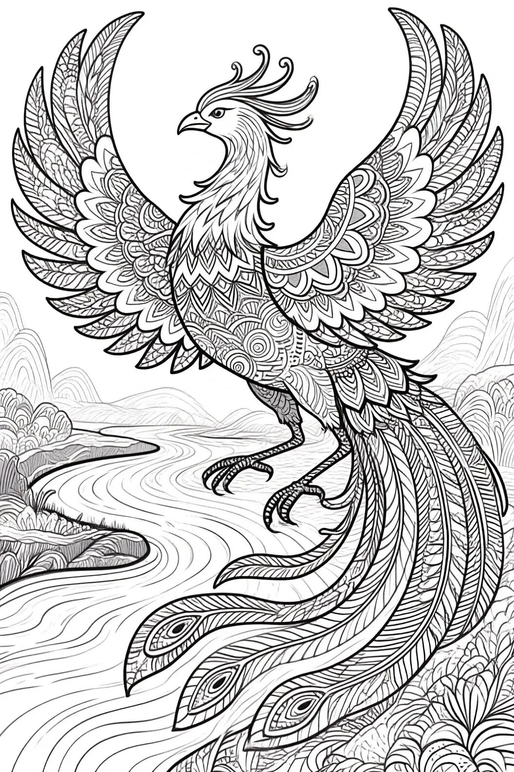 Intricate black-and-white line art of a phoenix an animal mandala with ornate feathers and wings spread over a river landscape; ideal for detailed coloring page, kids' coloring page, printable