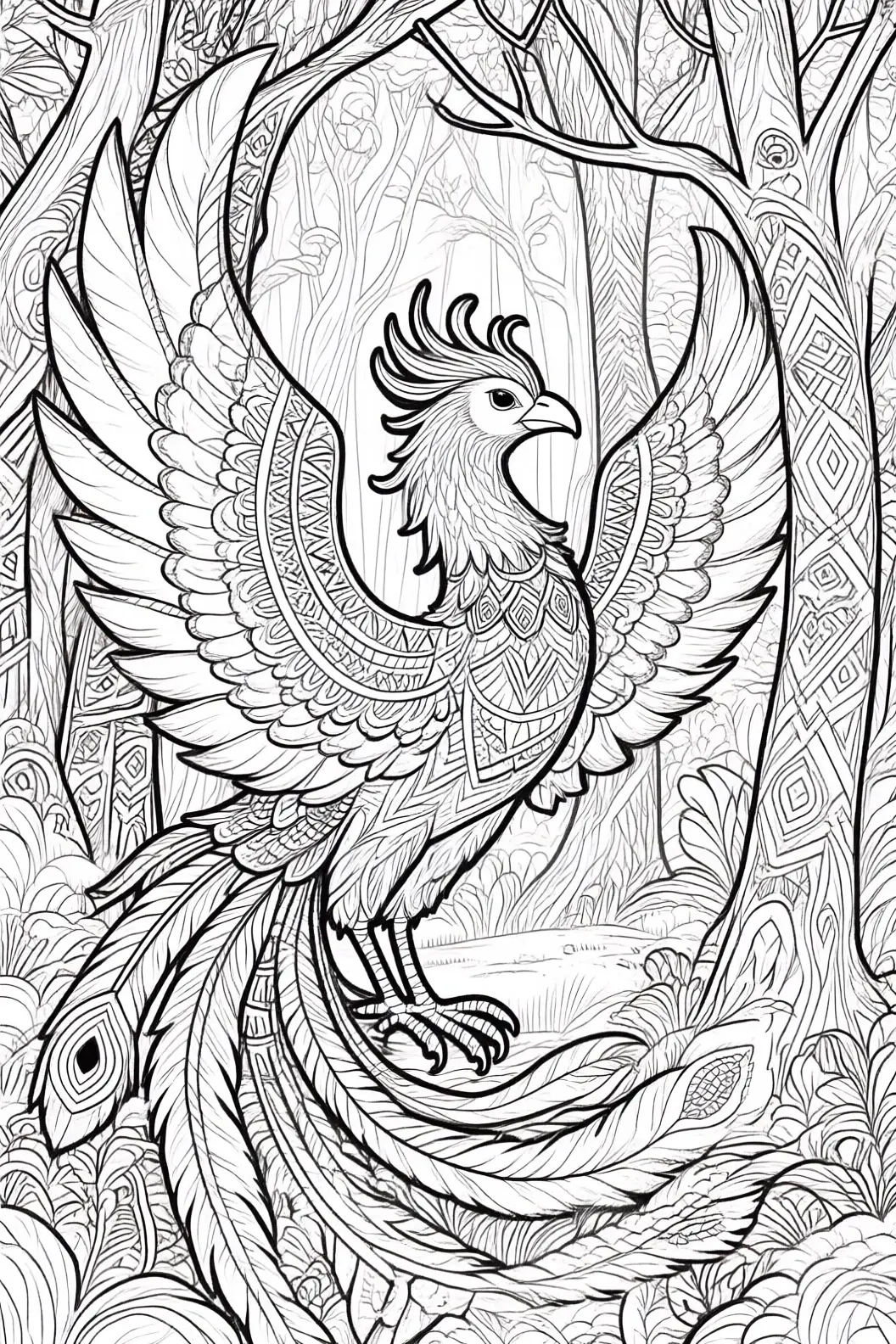 Intricate phoenix bird mandala in a forest black-and-white line art printable coloring page. Ideal for detailed coloring page, kids' coloring page, a printable coloring page collection, and