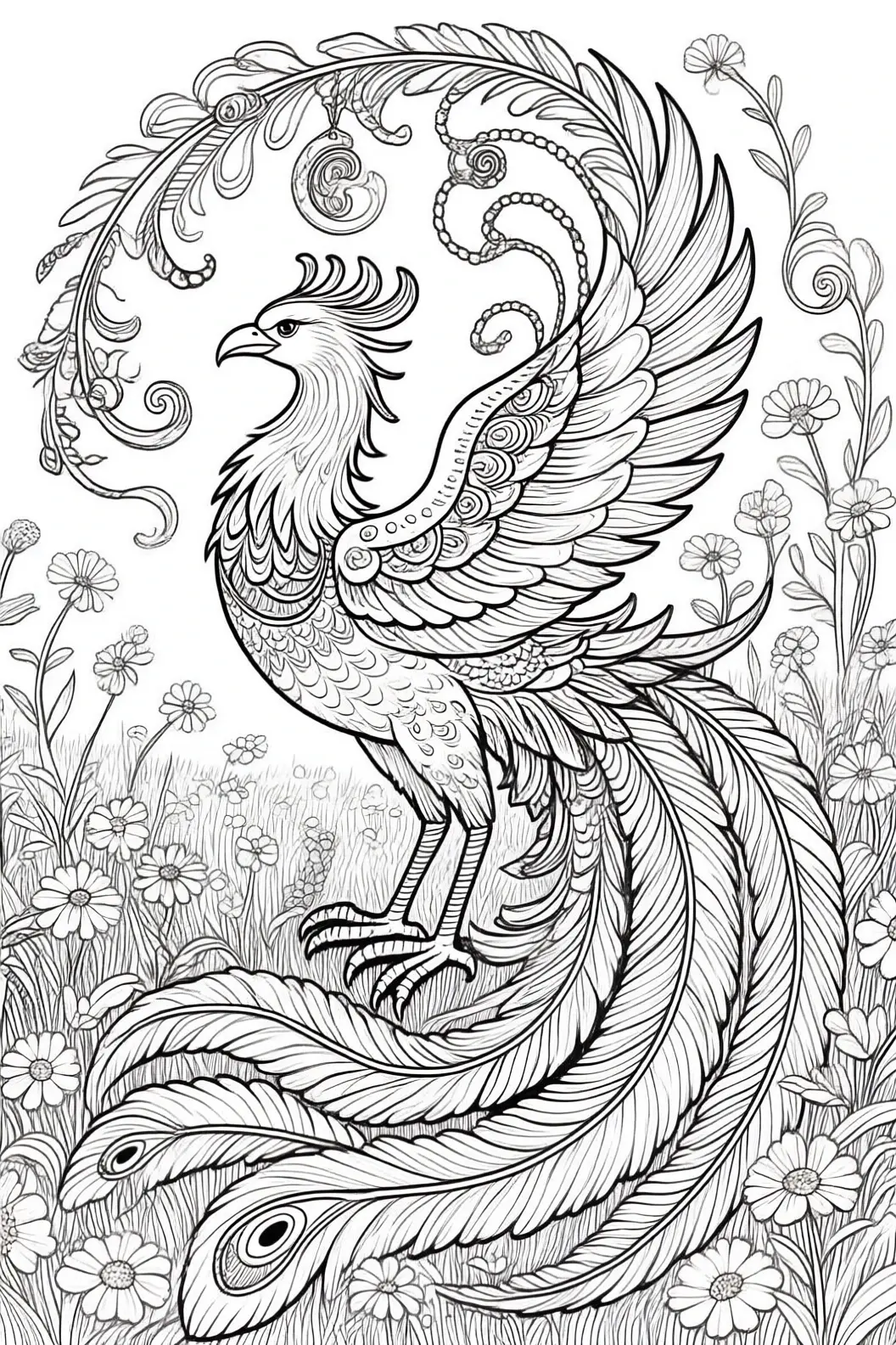 Black-and-white printable coloring sheet of a majestic phoenix standing among flowers with elaborate feathers and floral swirls a detailed coloring page suitable for kids' coloring page and adult